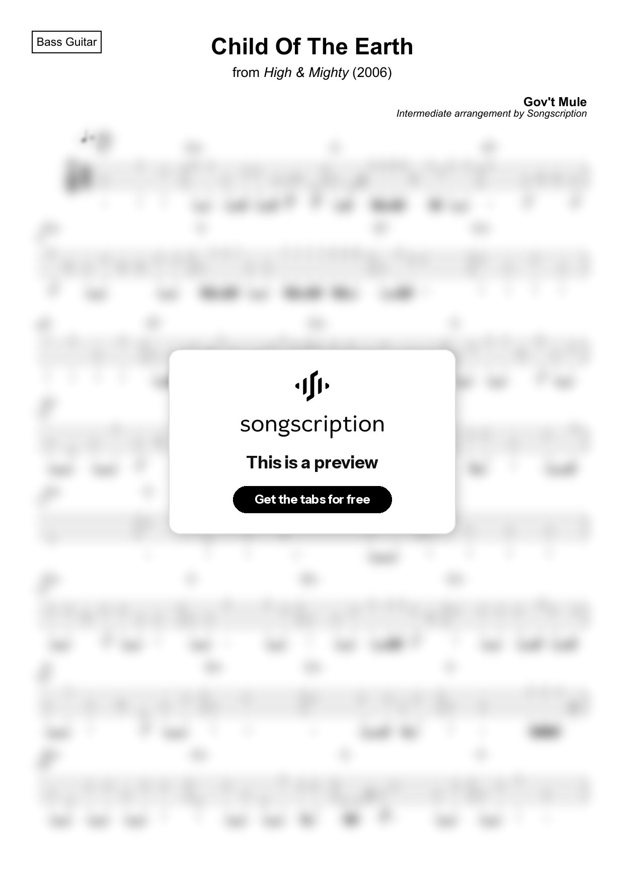 Intermediate Bass Guitar Tabs for "Child Of The Earth" by Gov't Mule