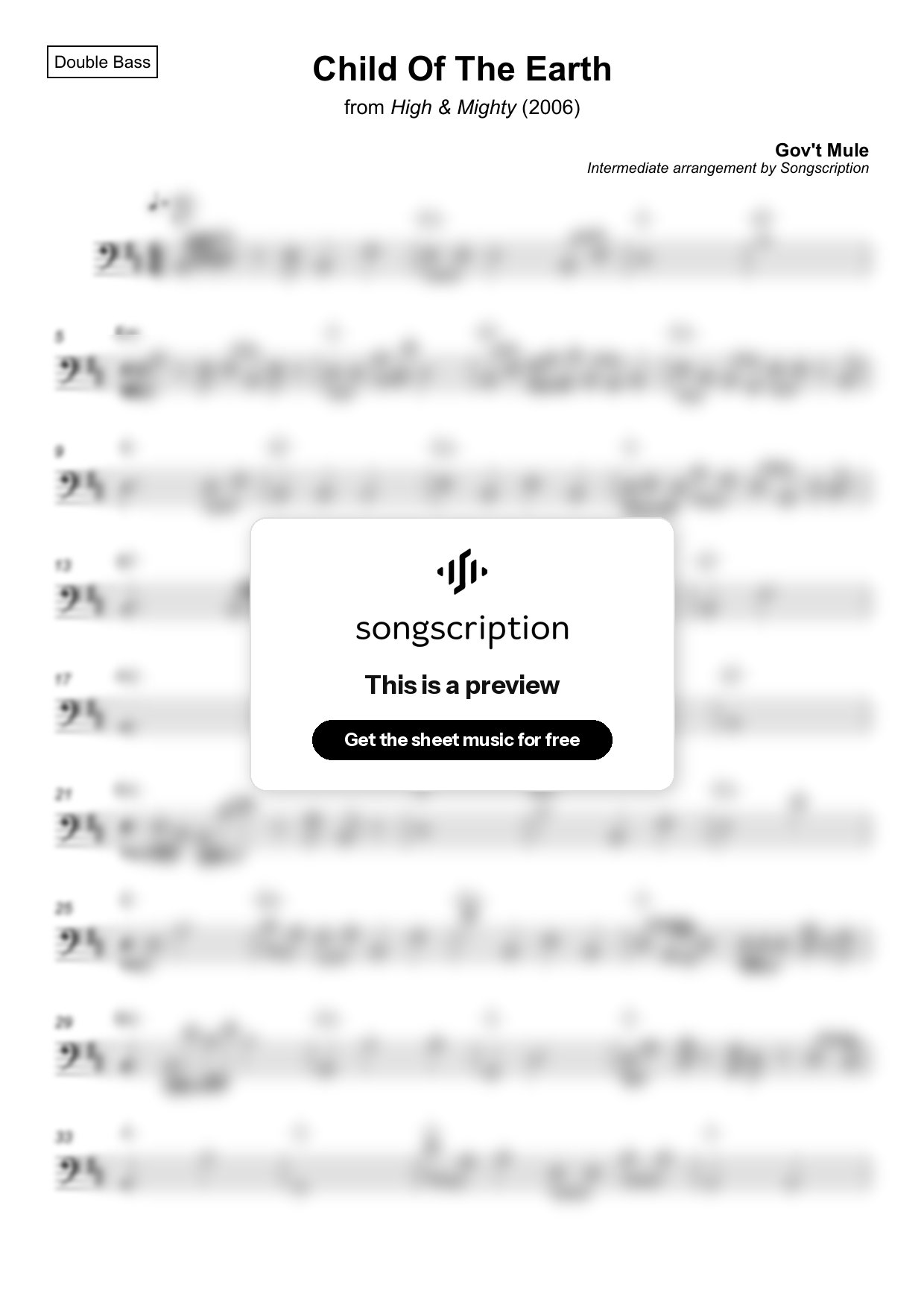 Intermediate Double Bass Sheet Music for "Child Of The Earth" by Gov't Mule