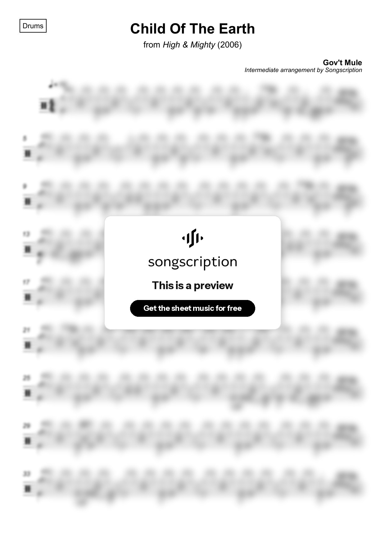 Intermediate Drums Sheet Music for "Child Of The Earth" by Gov't Mule