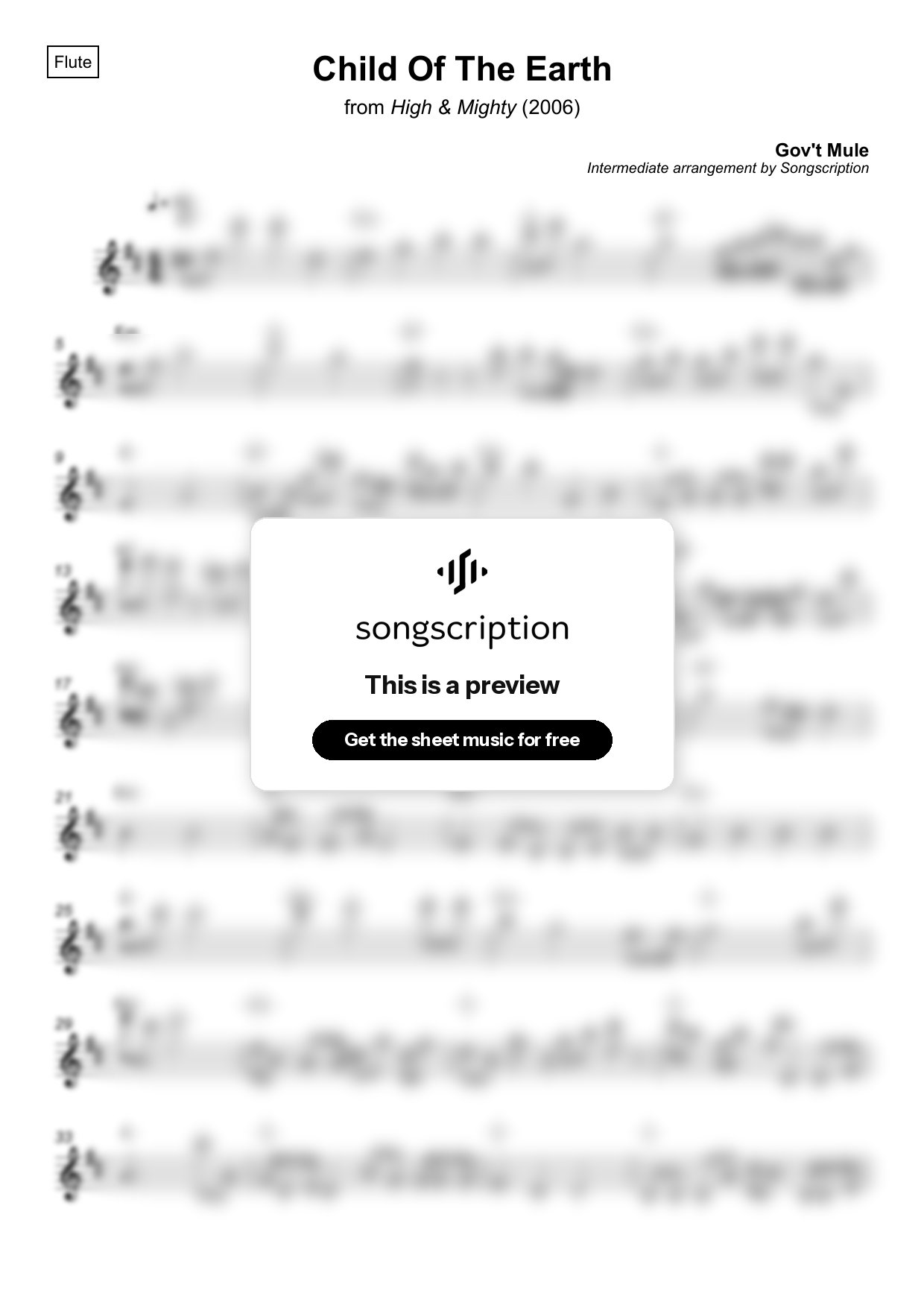 Intermediate Flute Sheet Music for "Child Of The Earth" by Gov't Mule