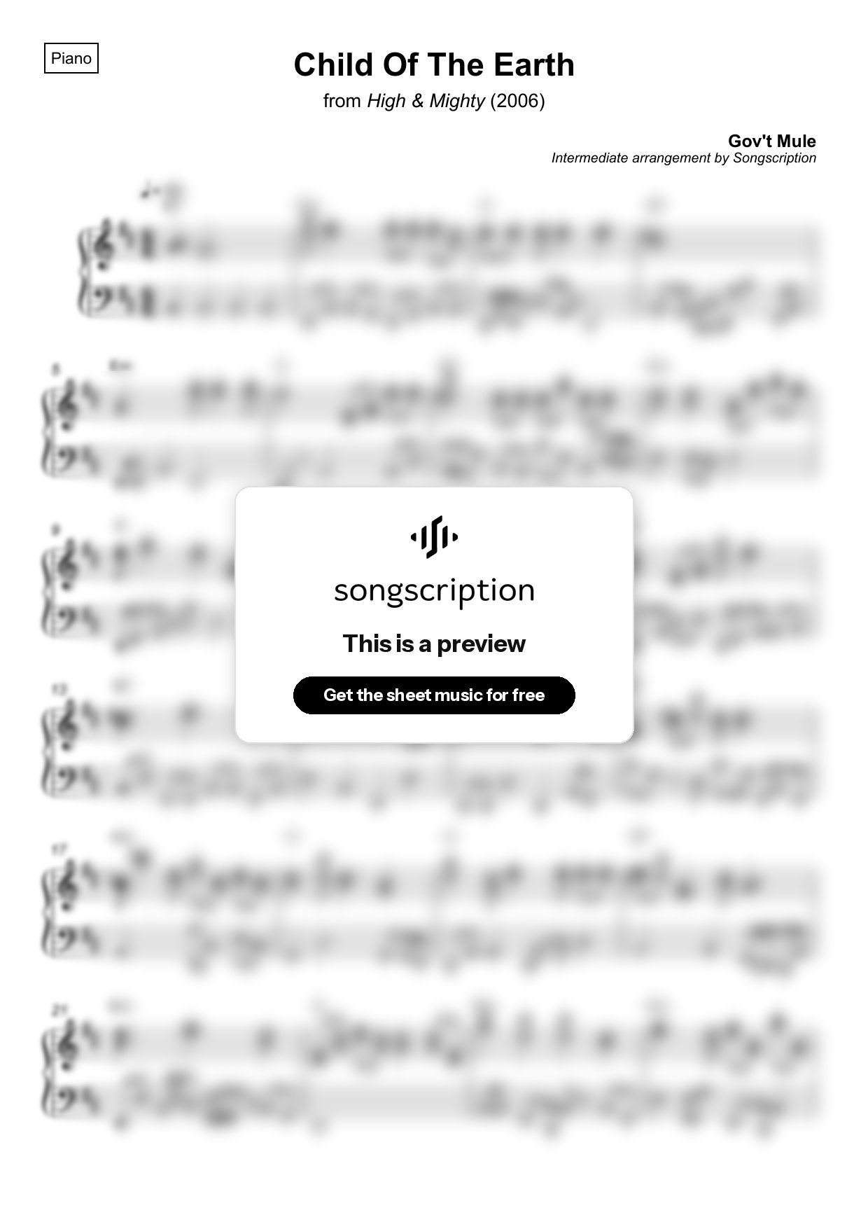 Intermediate Piano Sheet Music for "Child Of The Earth" by Gov't Mule