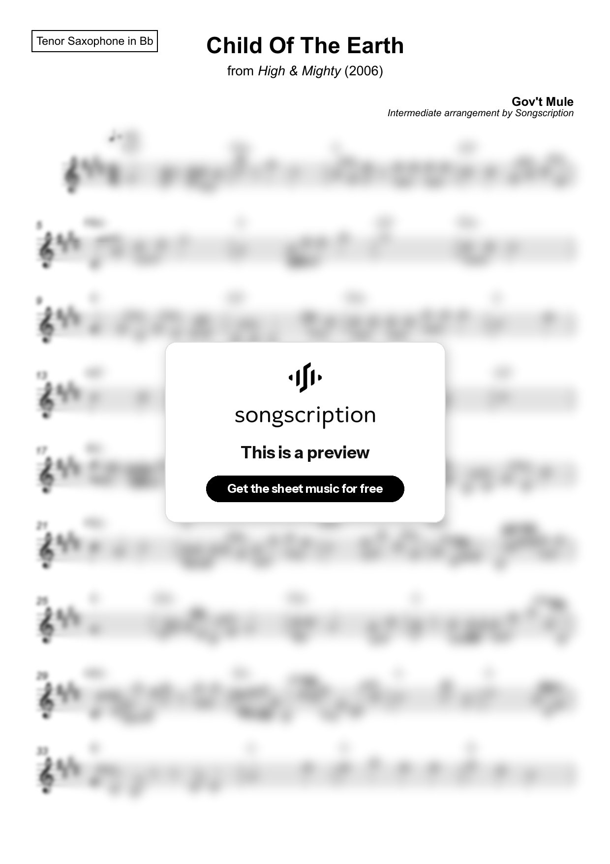 Intermediate Tenor Sax Sheet Music for "Child Of The Earth" by Gov't Mule