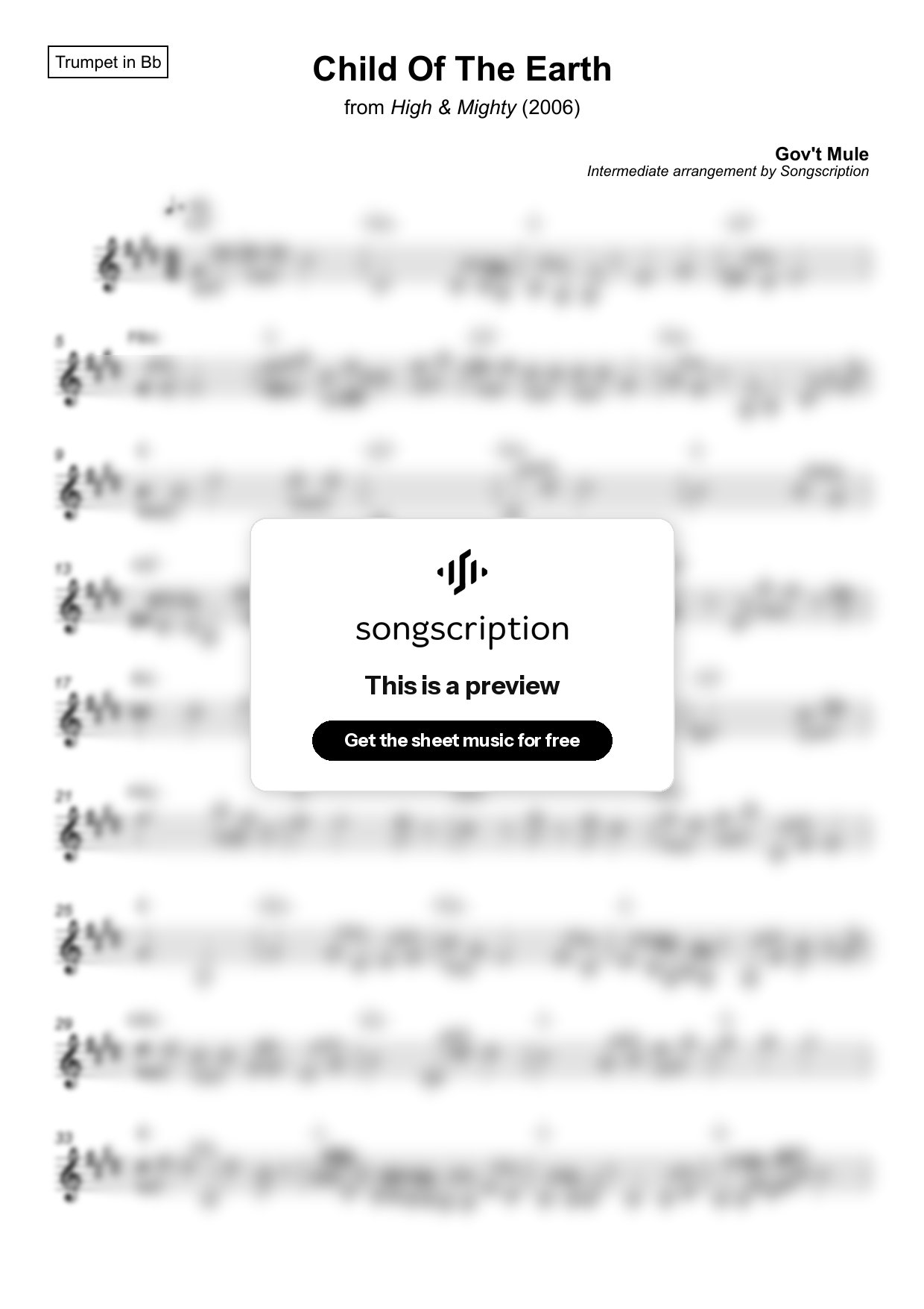 Intermediate Trumpet Sheet Music for "Child Of The Earth" by Gov't Mule