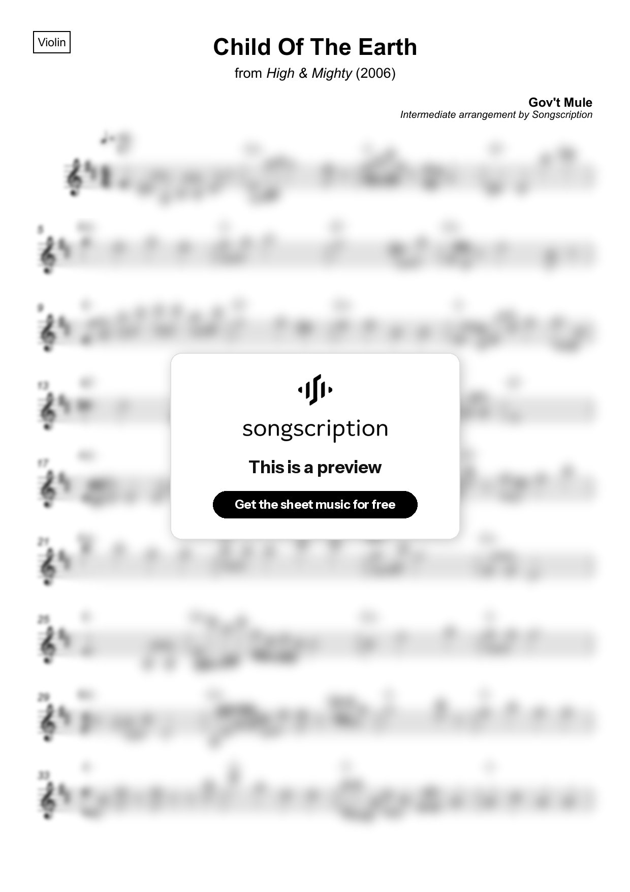 Intermediate Violin Sheet Music for "Child Of The Earth" by Gov't Mule
