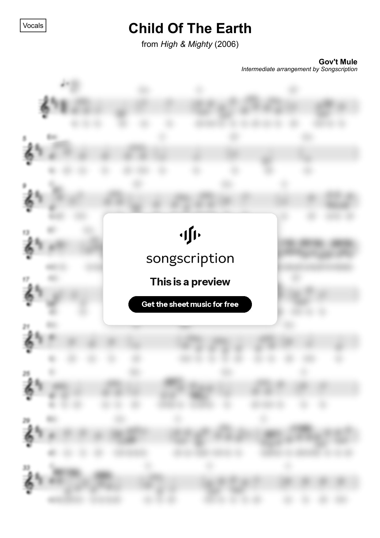 Intermediate Vocals Sheet Music for "Child Of The Earth" by Gov't Mule