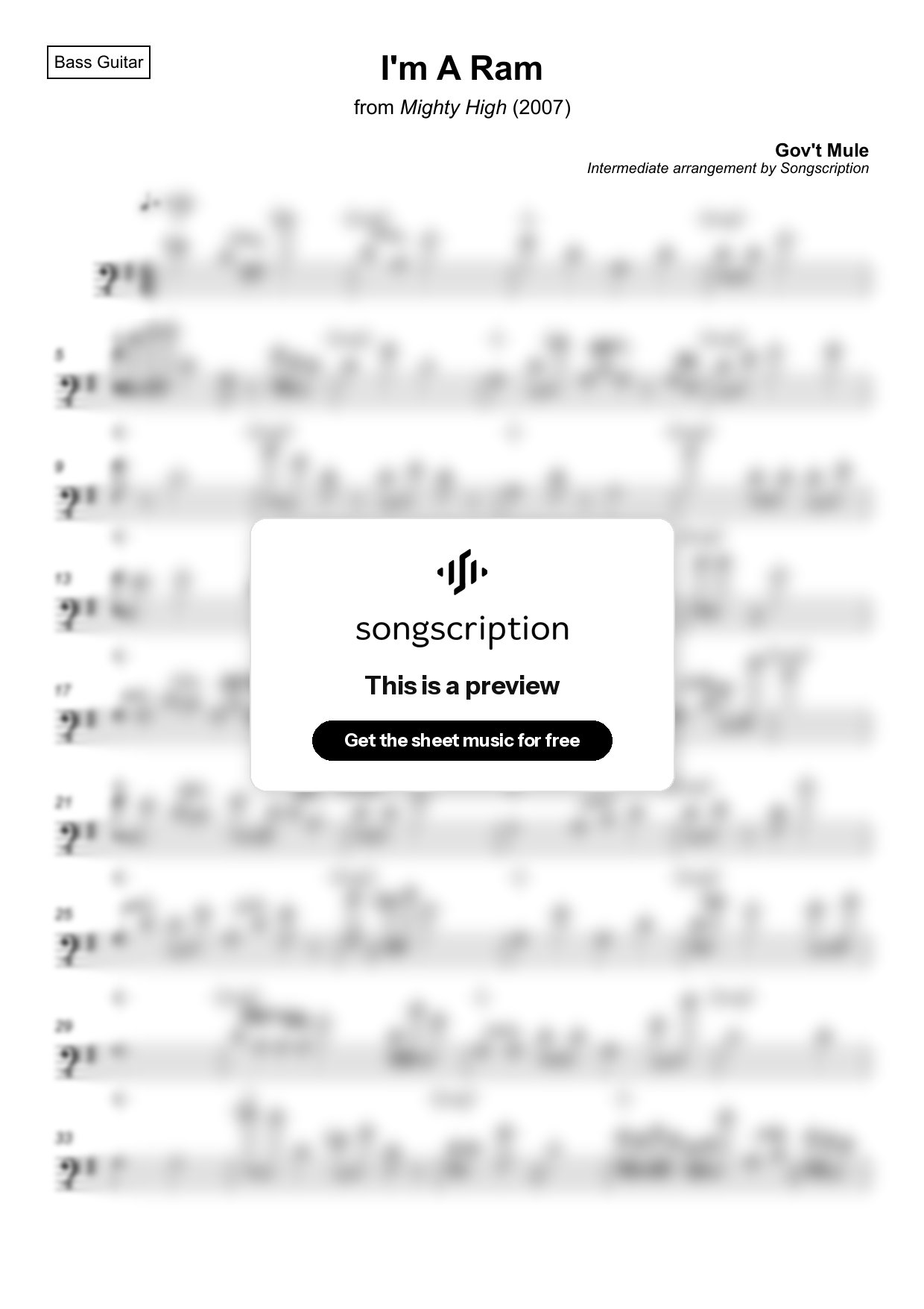 Intermediate Bass Guitar Sheet Music for "I'm A Ram" by Gov't Mule
