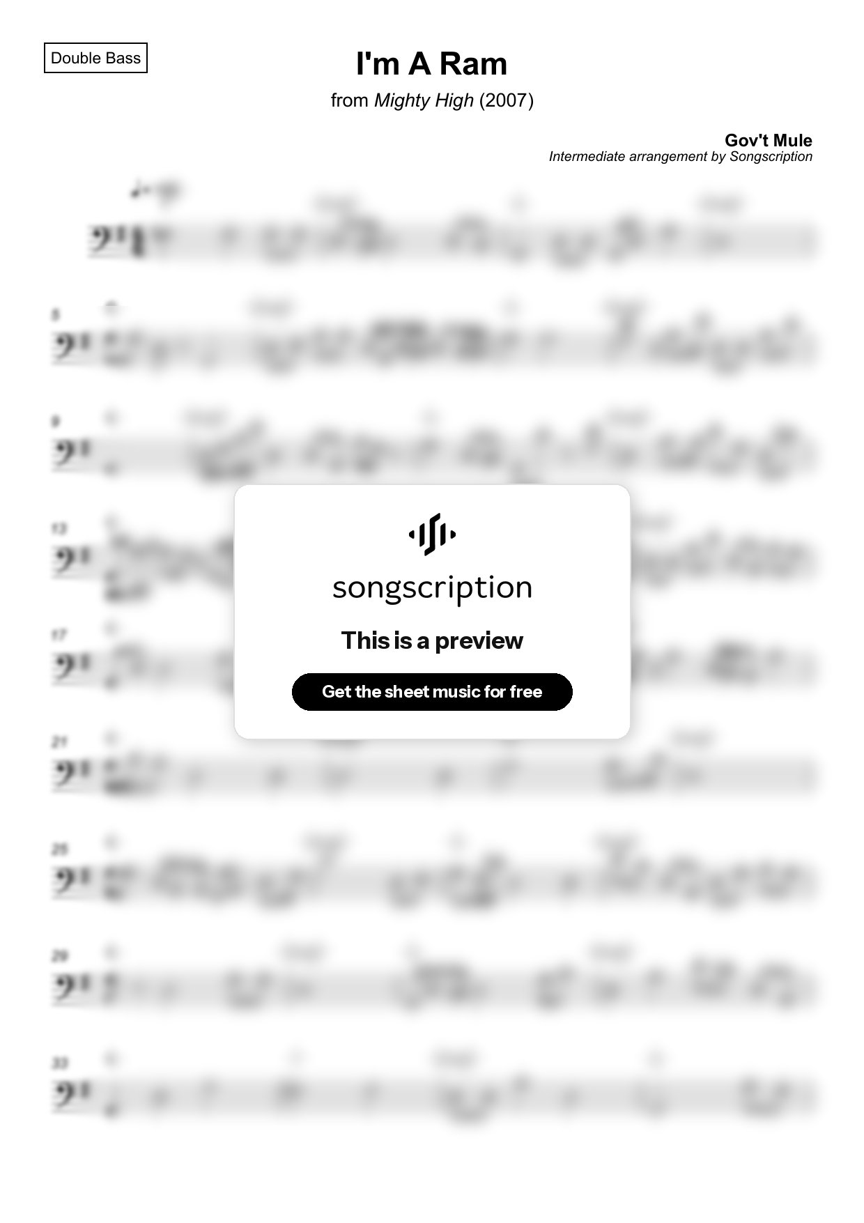 Intermediate Double Bass Sheet Music for "I'm A Ram" by Gov't Mule