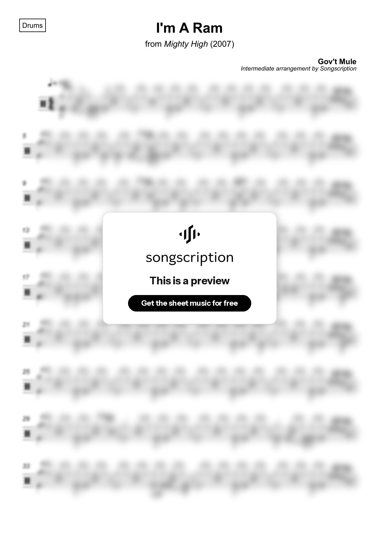 Intermediate Drums Sheet Music for "I'm A Ram" by Gov't Mule