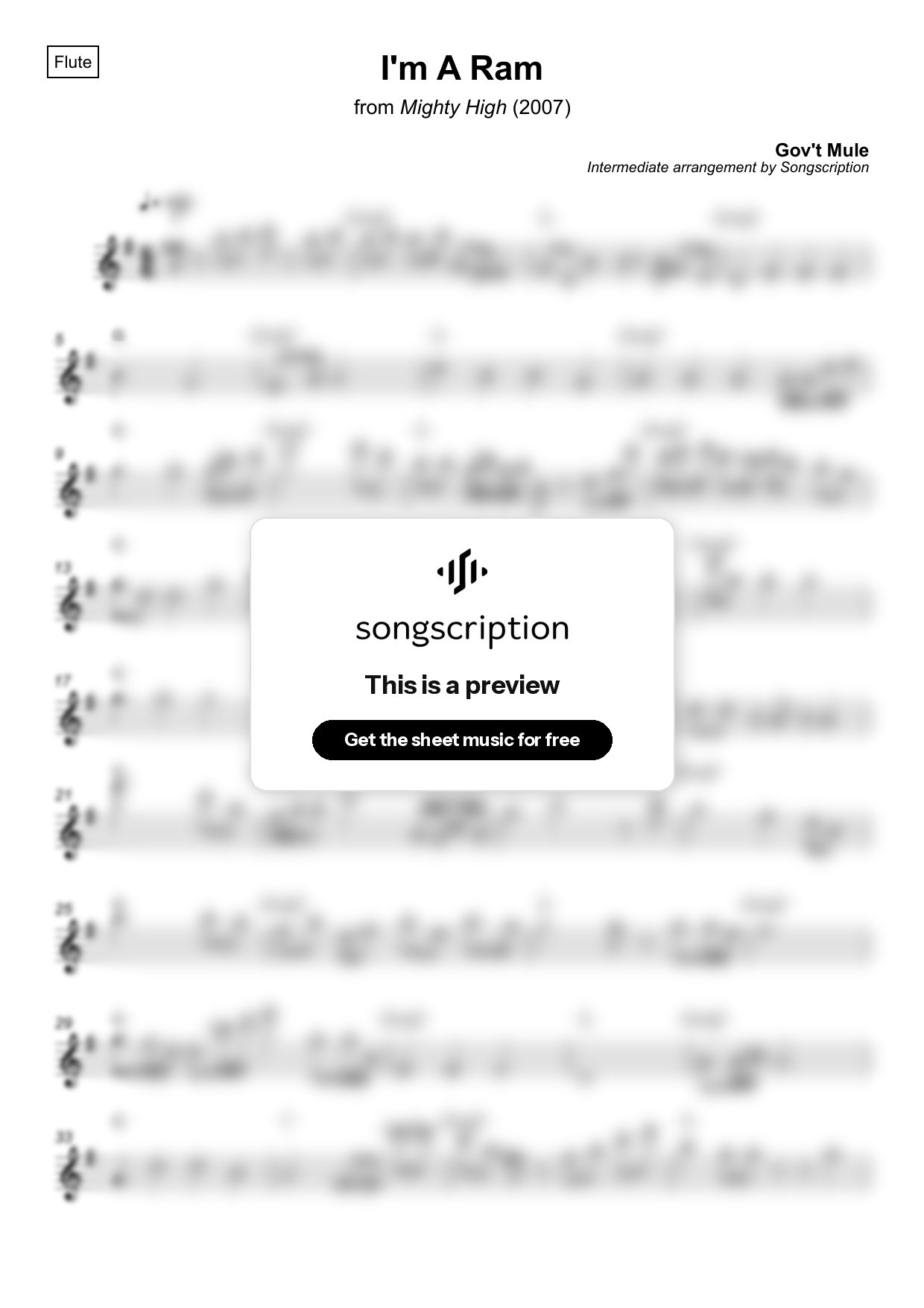 Intermediate Flute Sheet Music for "I'm A Ram" by Gov't Mule