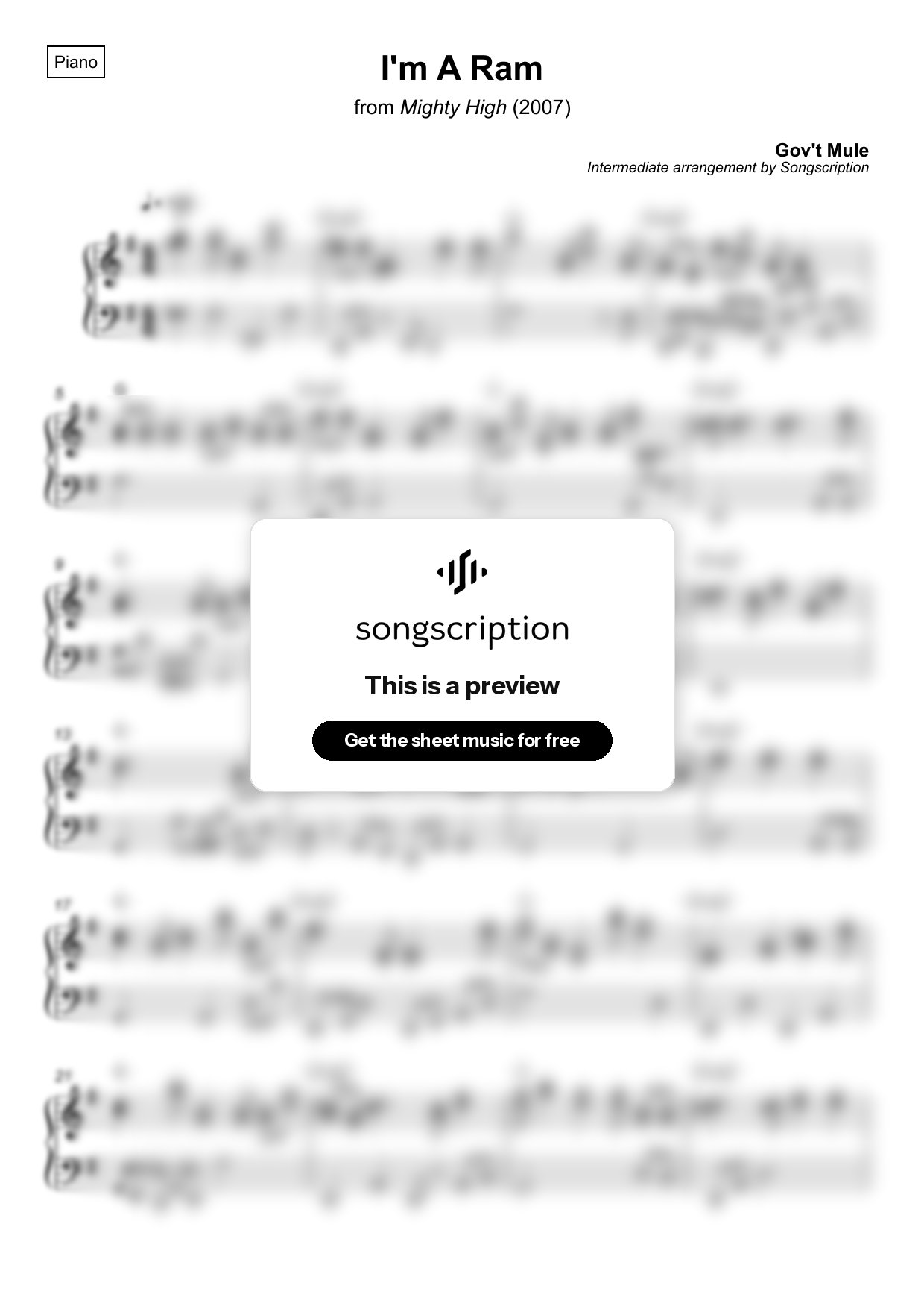 Intermediate Piano Sheet Music for "I'm A Ram" by Gov't Mule