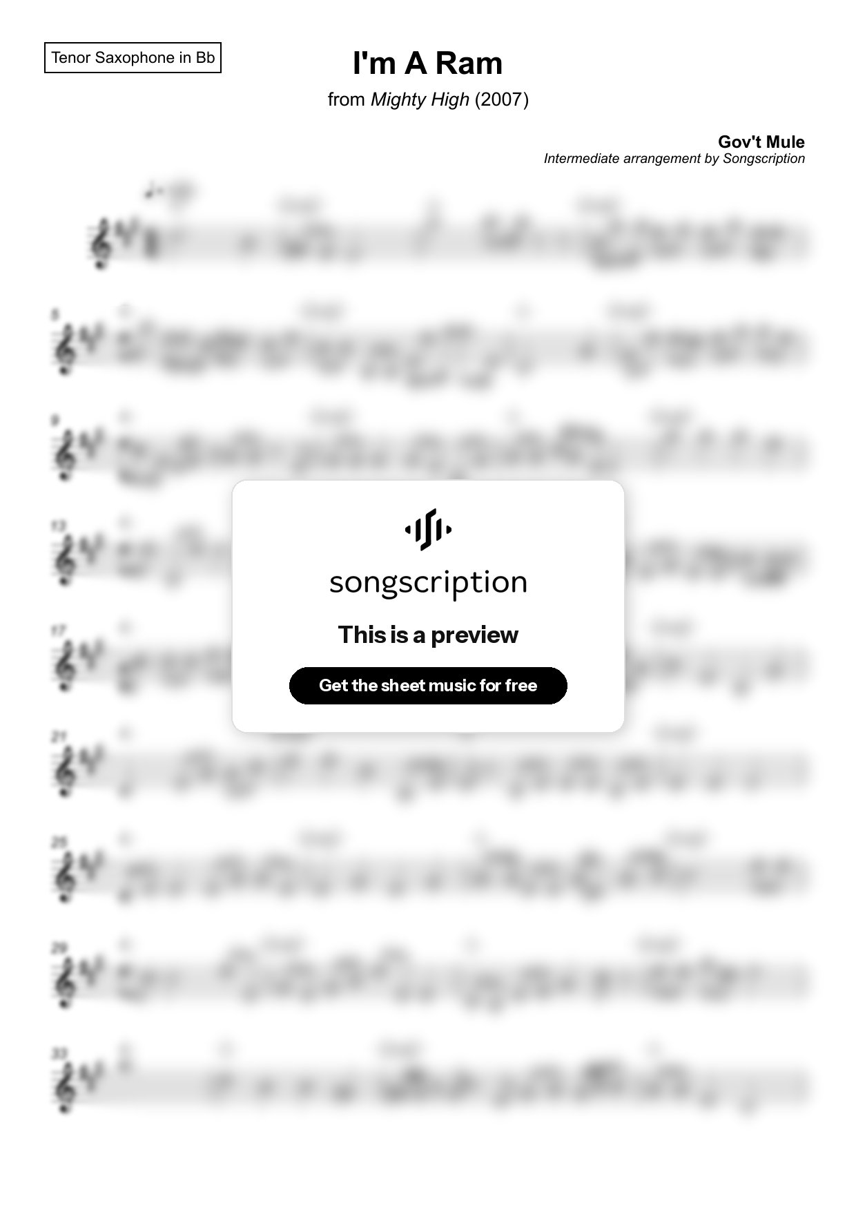 Intermediate Tenor Sax Sheet Music for "I'm A Ram" by Gov't Mule