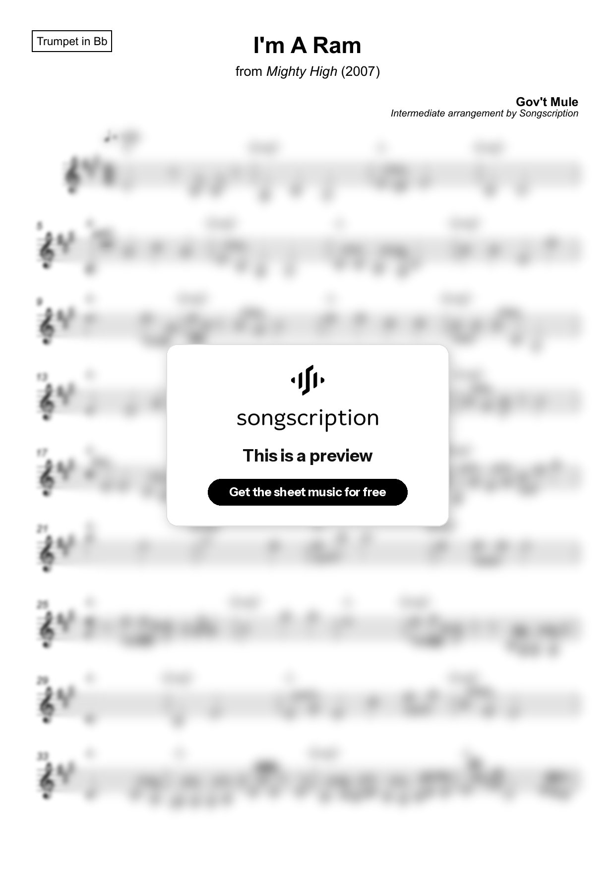 Intermediate Trumpet Sheet Music for "I'm A Ram" by Gov't Mule