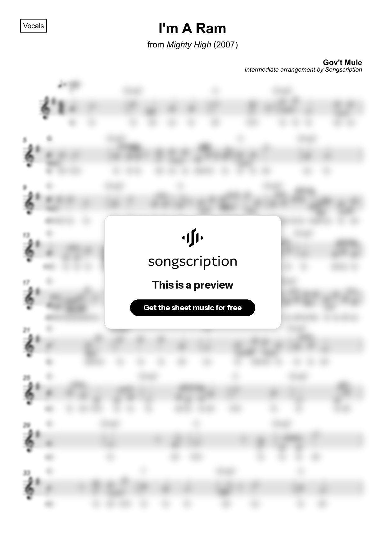 Intermediate Vocals Sheet Music for "I'm A Ram" by Gov't Mule