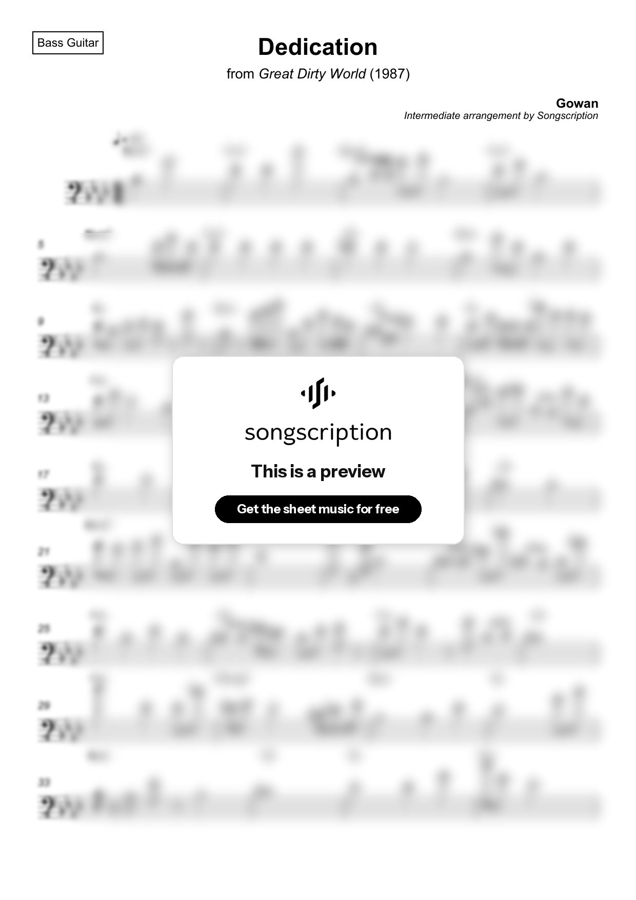 Intermediate Bass Guitar Sheet Music for "Dedication" by Gowan
