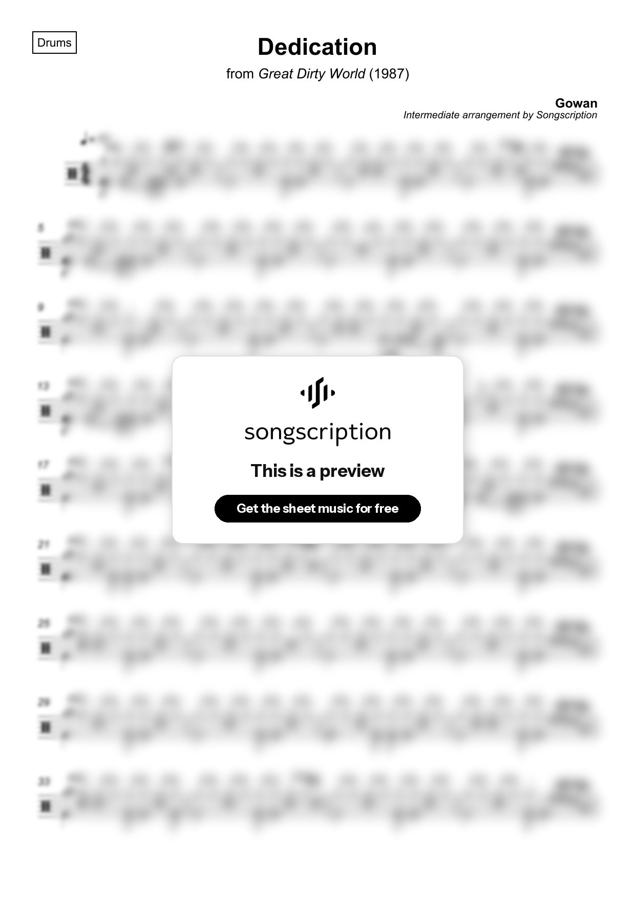 Intermediate Drums Sheet Music for "Dedication" by Gowan