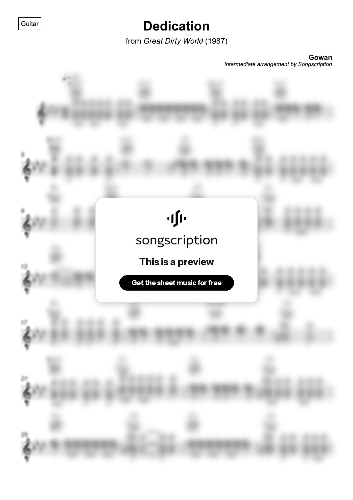 Intermediate Acoustic Guitar Sheet Music for "Dedication" by Gowan