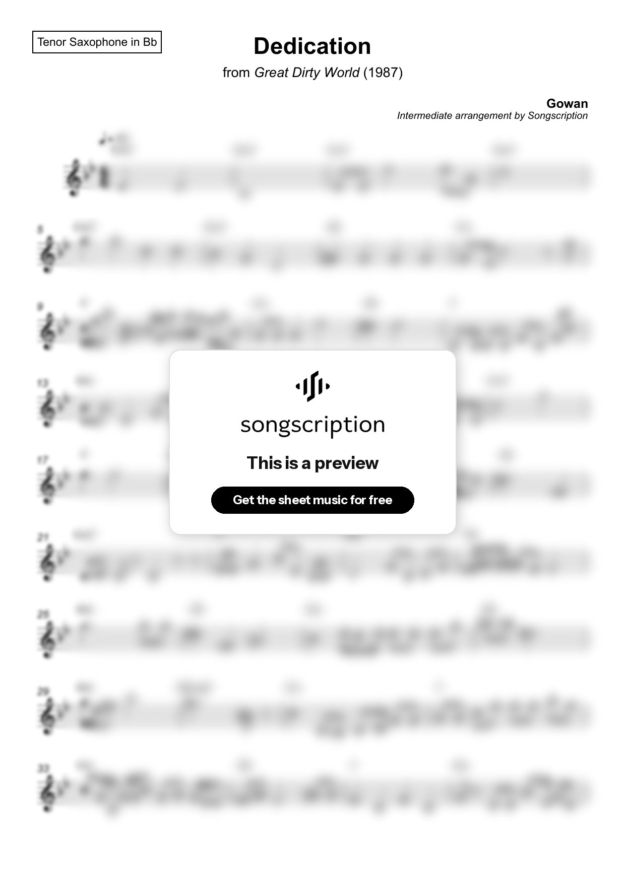 Intermediate Tenor Sax Sheet Music for "Dedication" by Gowan