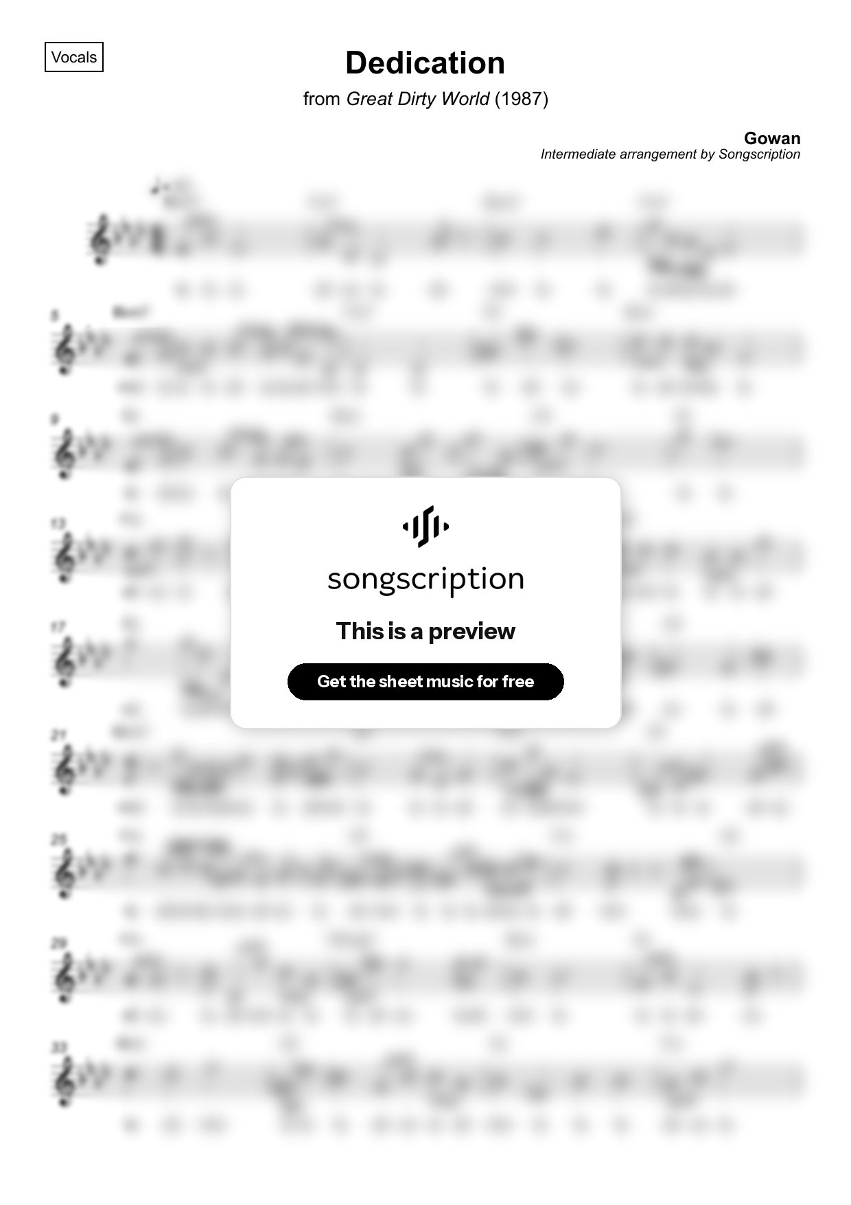 Intermediate Vocals Sheet Music for "Dedication" by Gowan