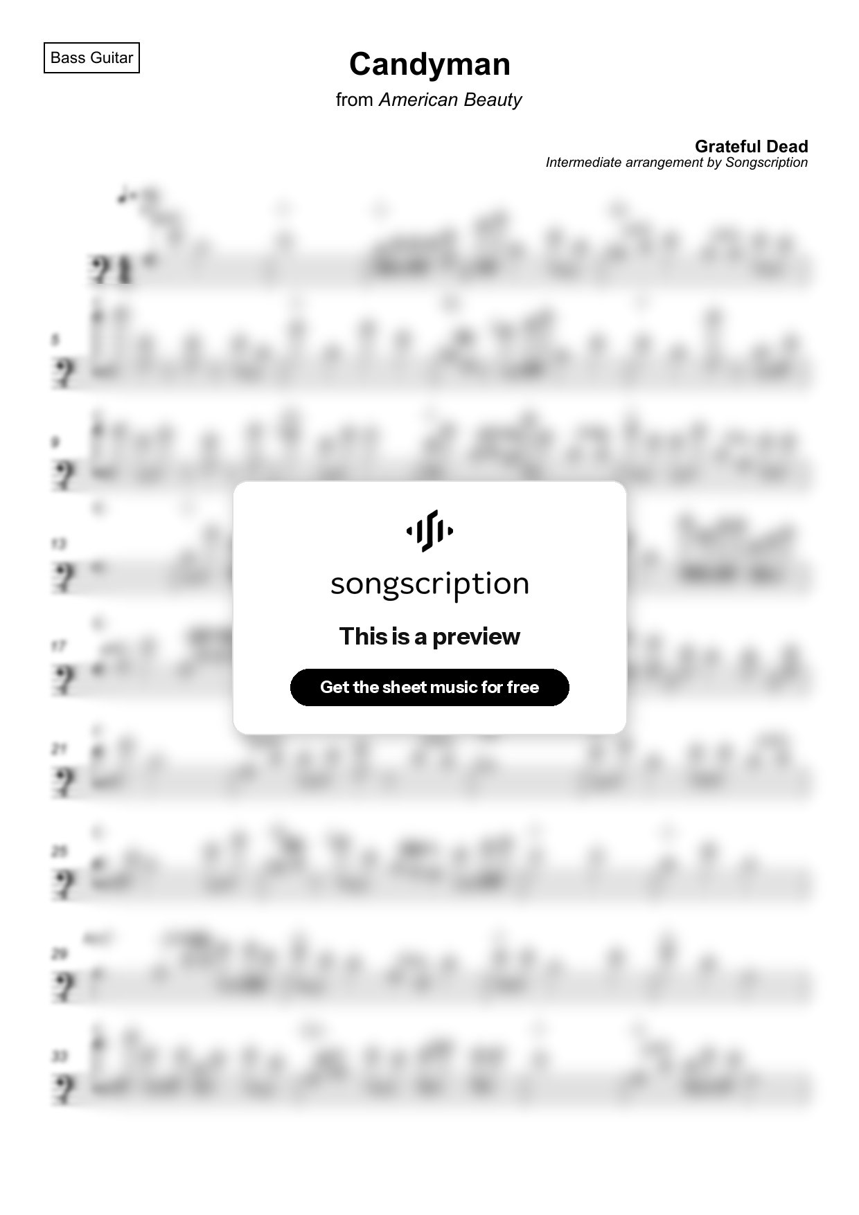 Intermediate Bass Guitar Sheet Music for "Candyman" by Grateful Dead