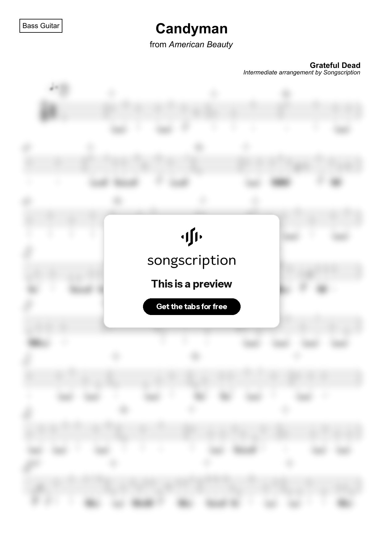 Intermediate Bass Guitar Tabs for "Candyman" by Grateful Dead