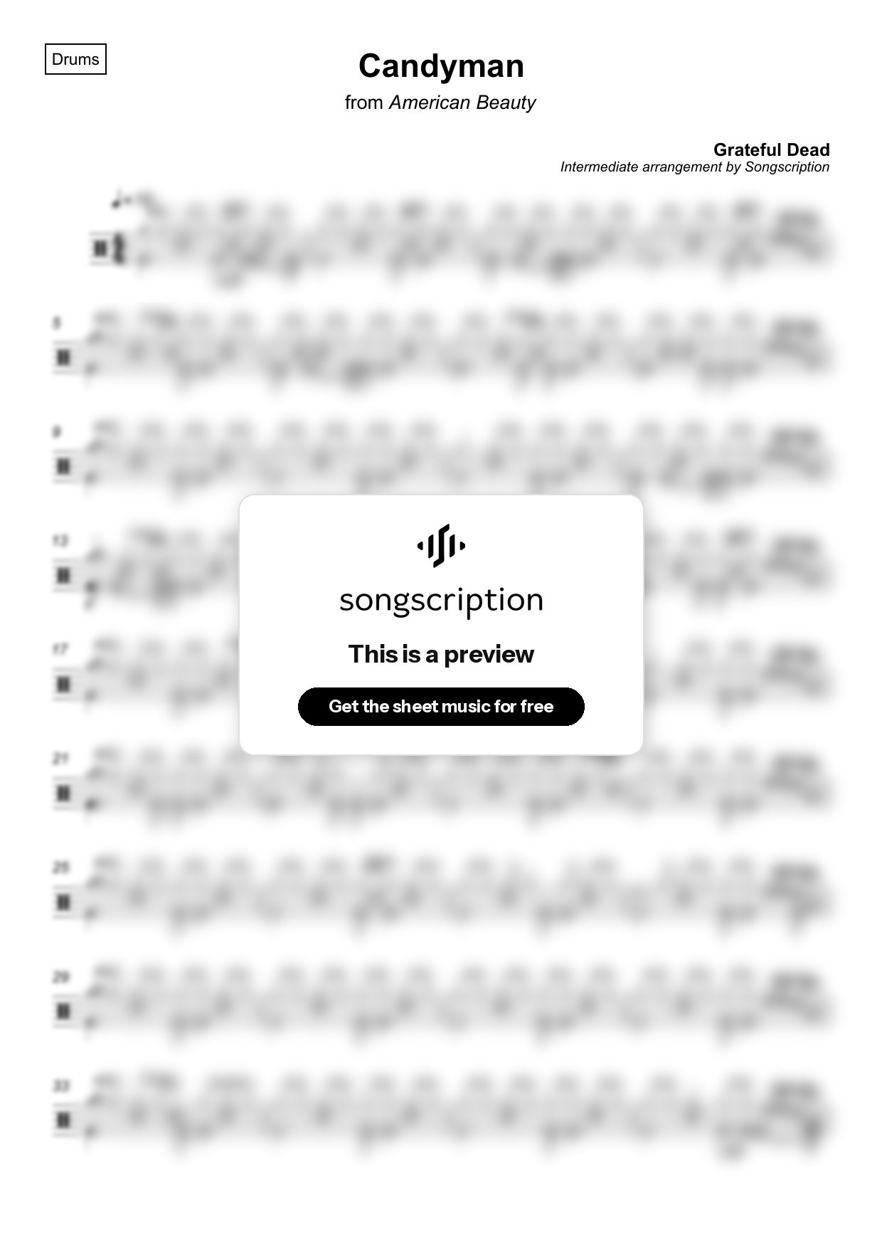 Intermediate Drums Sheet Music for "Candyman" by Grateful Dead