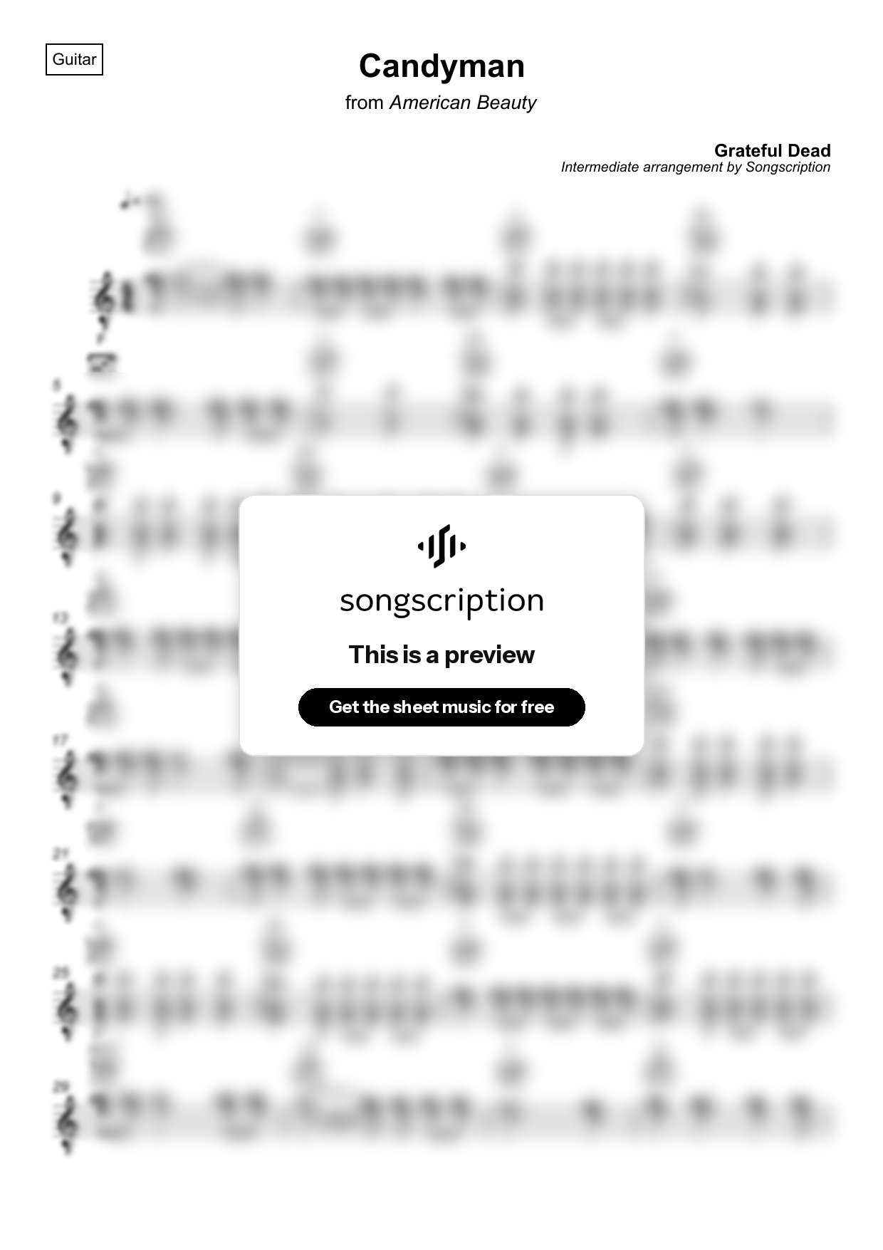 Intermediate Acoustic Guitar Sheet Music for "Candyman" by Grateful Dead