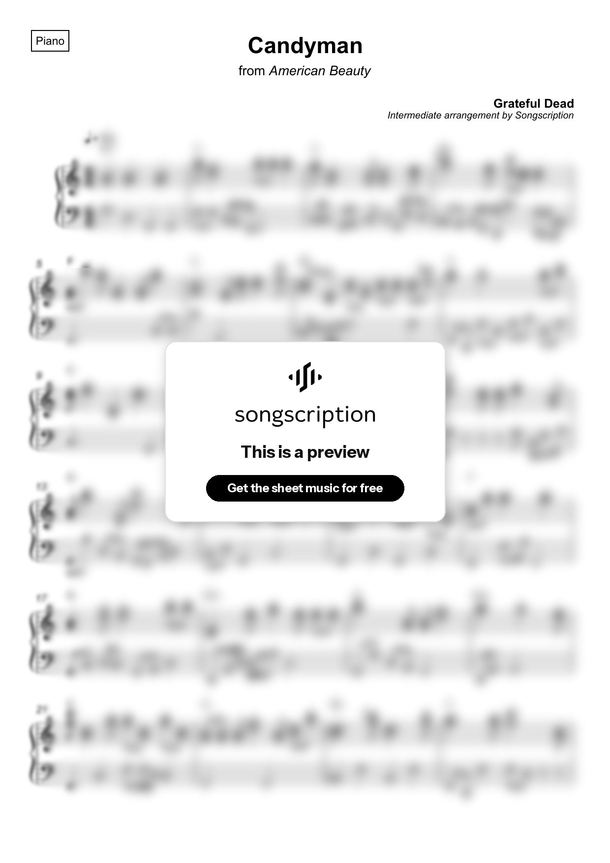 Intermediate Piano Sheet Music for "Candyman" by Grateful Dead