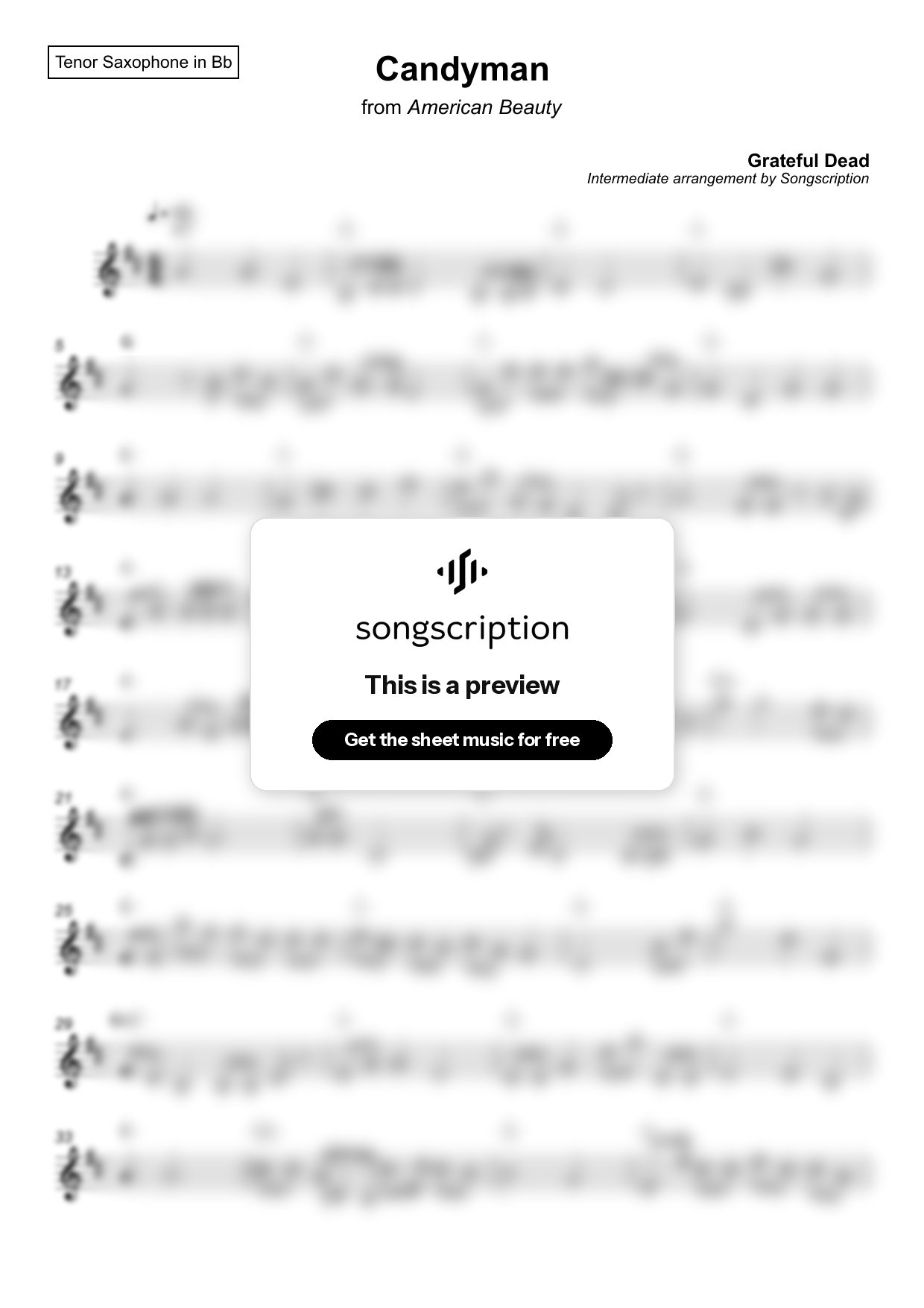 Intermediate Tenor Sax Sheet Music for "Candyman" by Grateful Dead