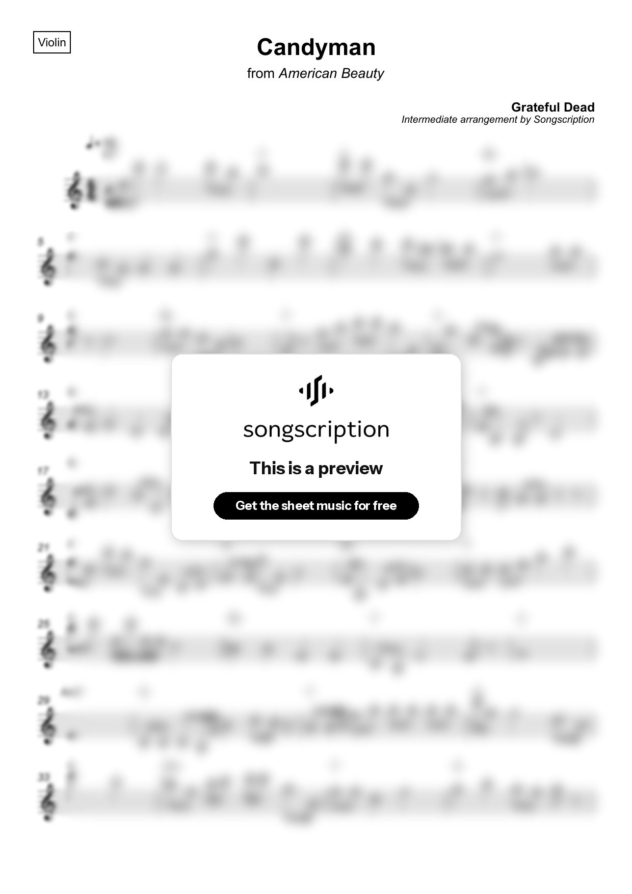 Intermediate Violin Sheet Music for "Candyman" by Grateful Dead
