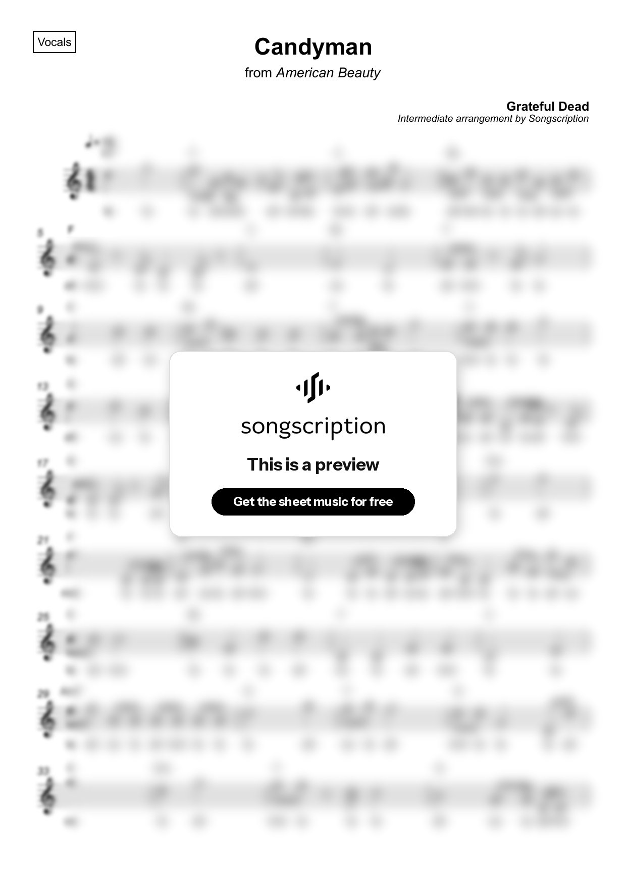 Intermediate Vocals Sheet Music for "Candyman" by Grateful Dead