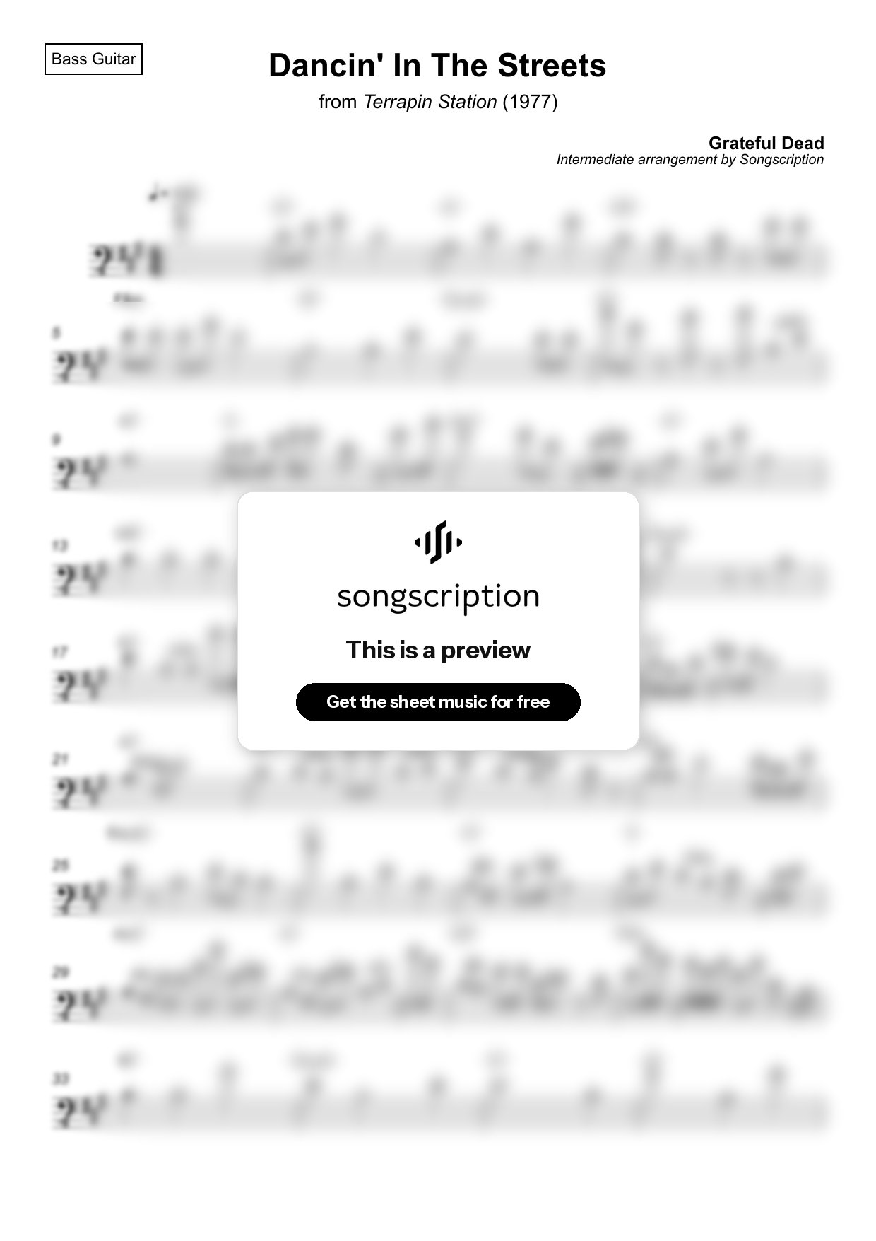 Intermediate Bass Guitar Sheet Music for "Dancin' In The Streets" by Grateful Dead