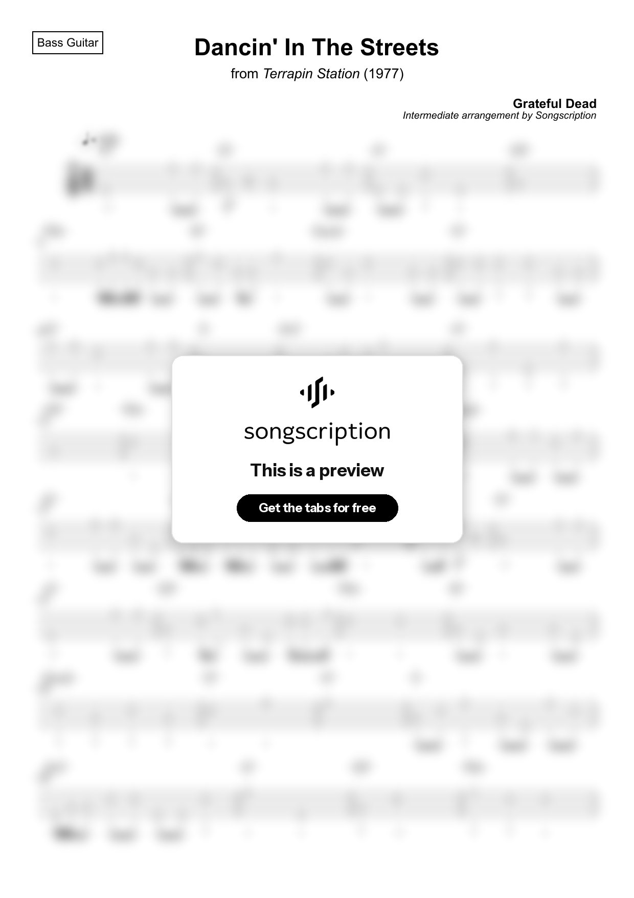 Intermediate Bass Guitar Tabs for "Dancin' In The Streets" by Grateful Dead