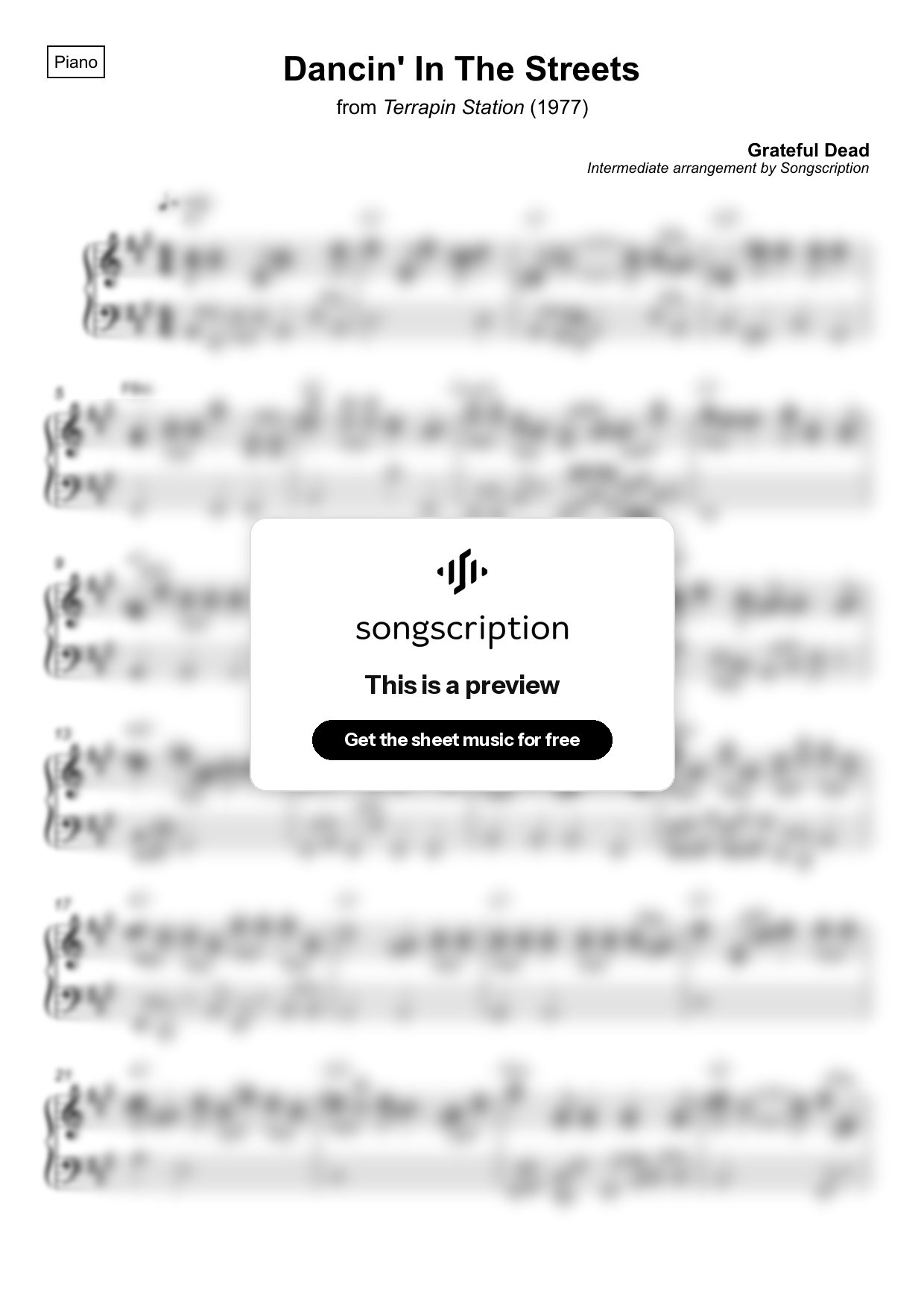 Intermediate Piano Sheet Music for "Dancin' In The Streets" by Grateful Dead