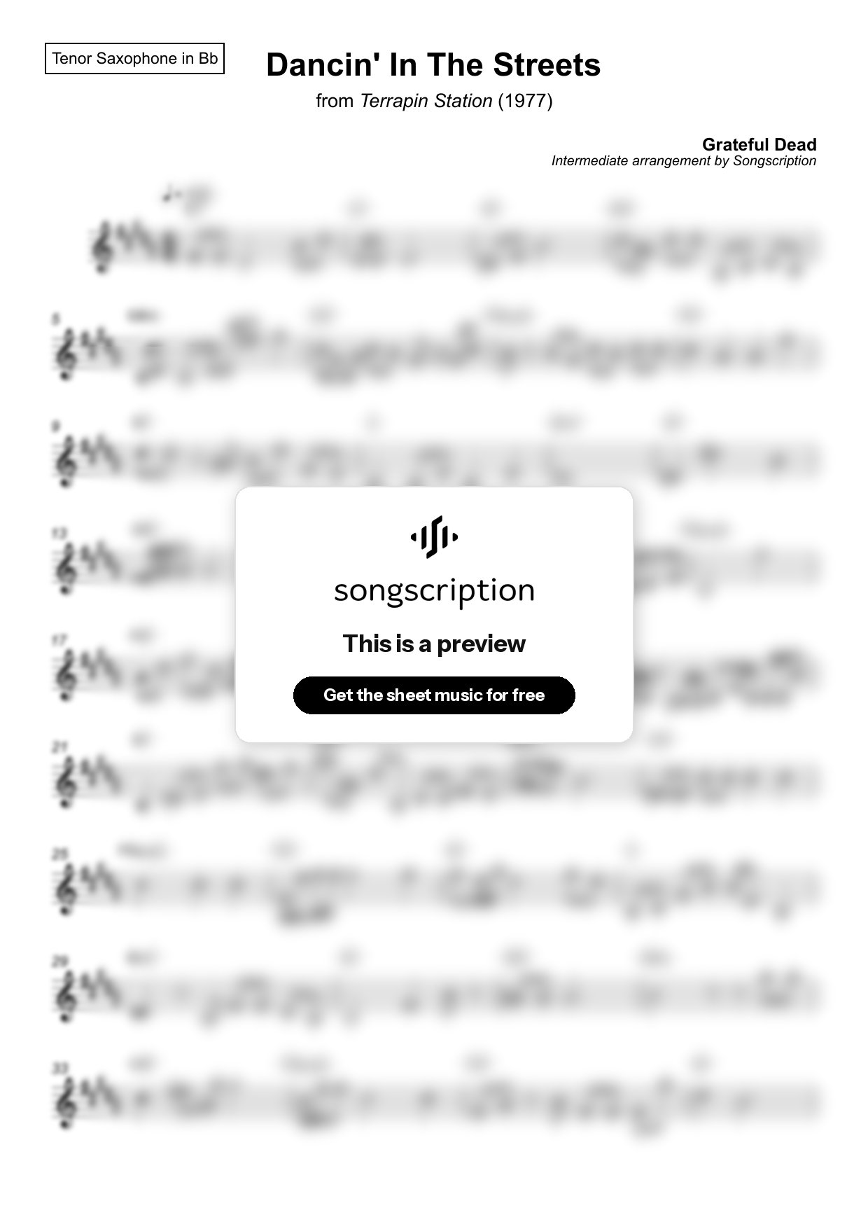 Intermediate Tenor Sax Sheet Music for "Dancin' In The Streets" by Grateful Dead