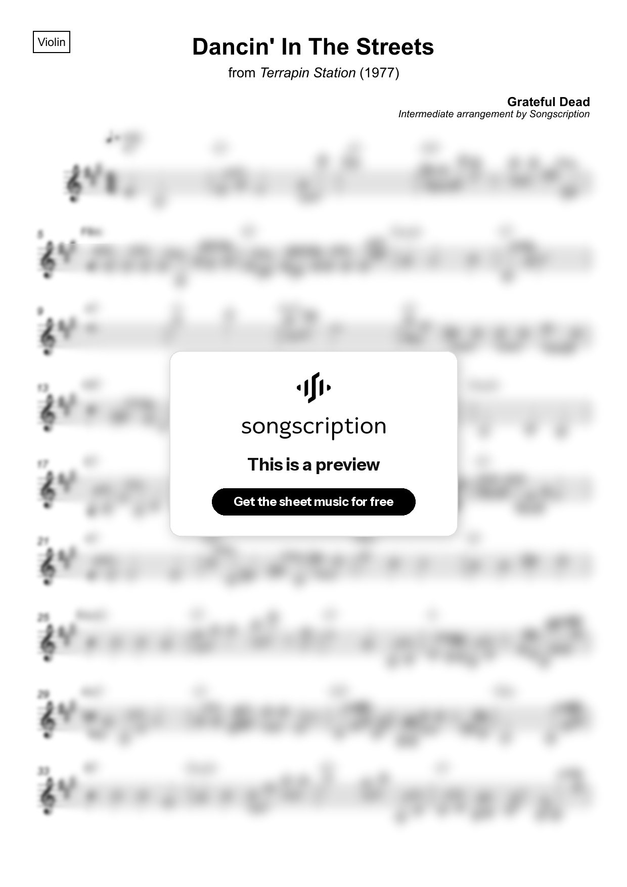 Intermediate Violin Sheet Music for "Dancin' In The Streets" by Grateful Dead
