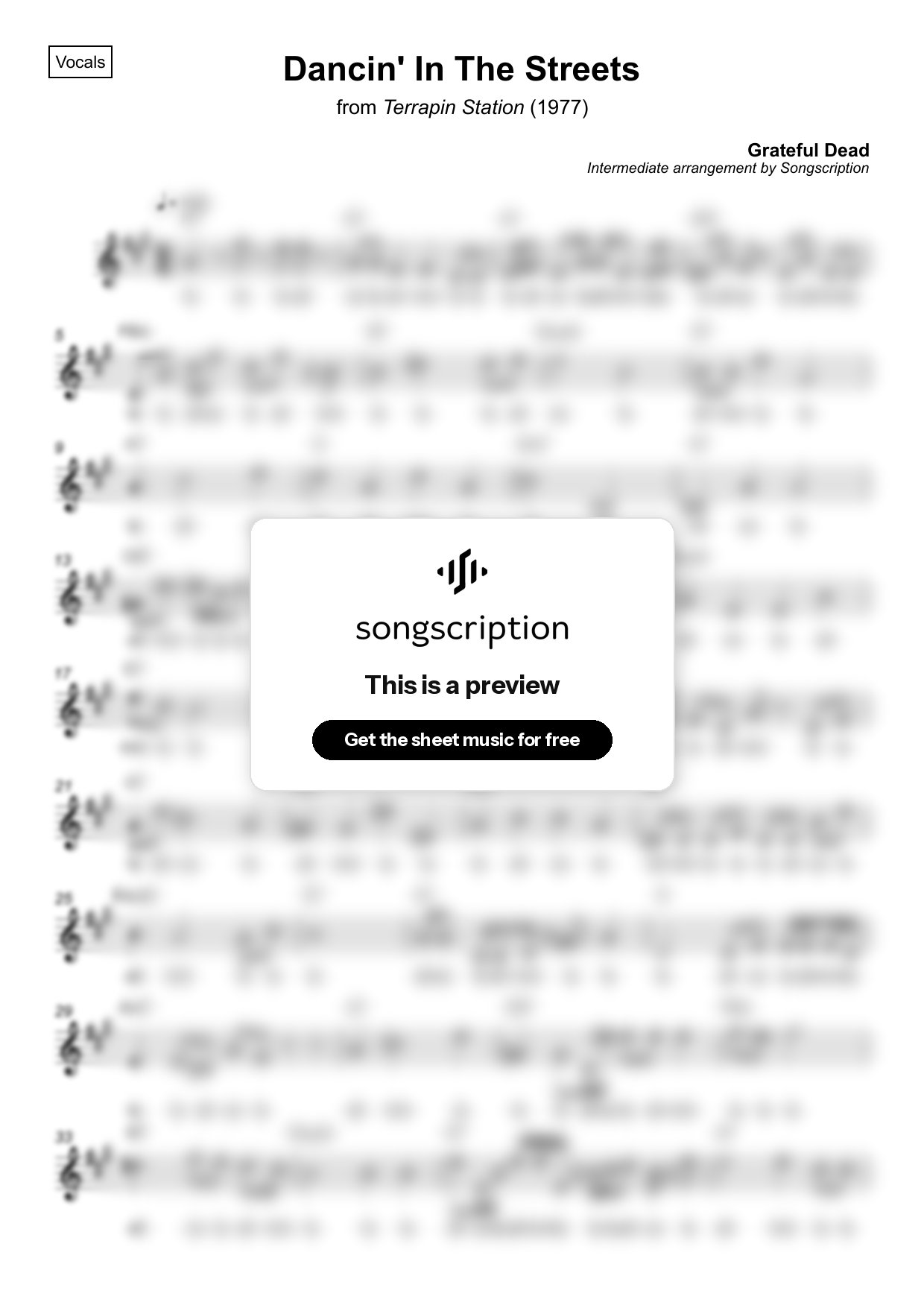 Intermediate Vocals Sheet Music for "Dancin' In The Streets" by Grateful Dead