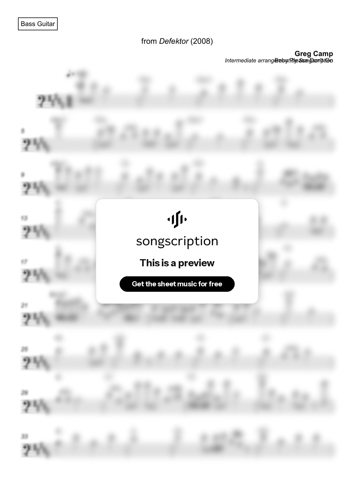Intermediate Bass Guitar Sheet Music for "Baby Please Don't Go" by Greg Camp