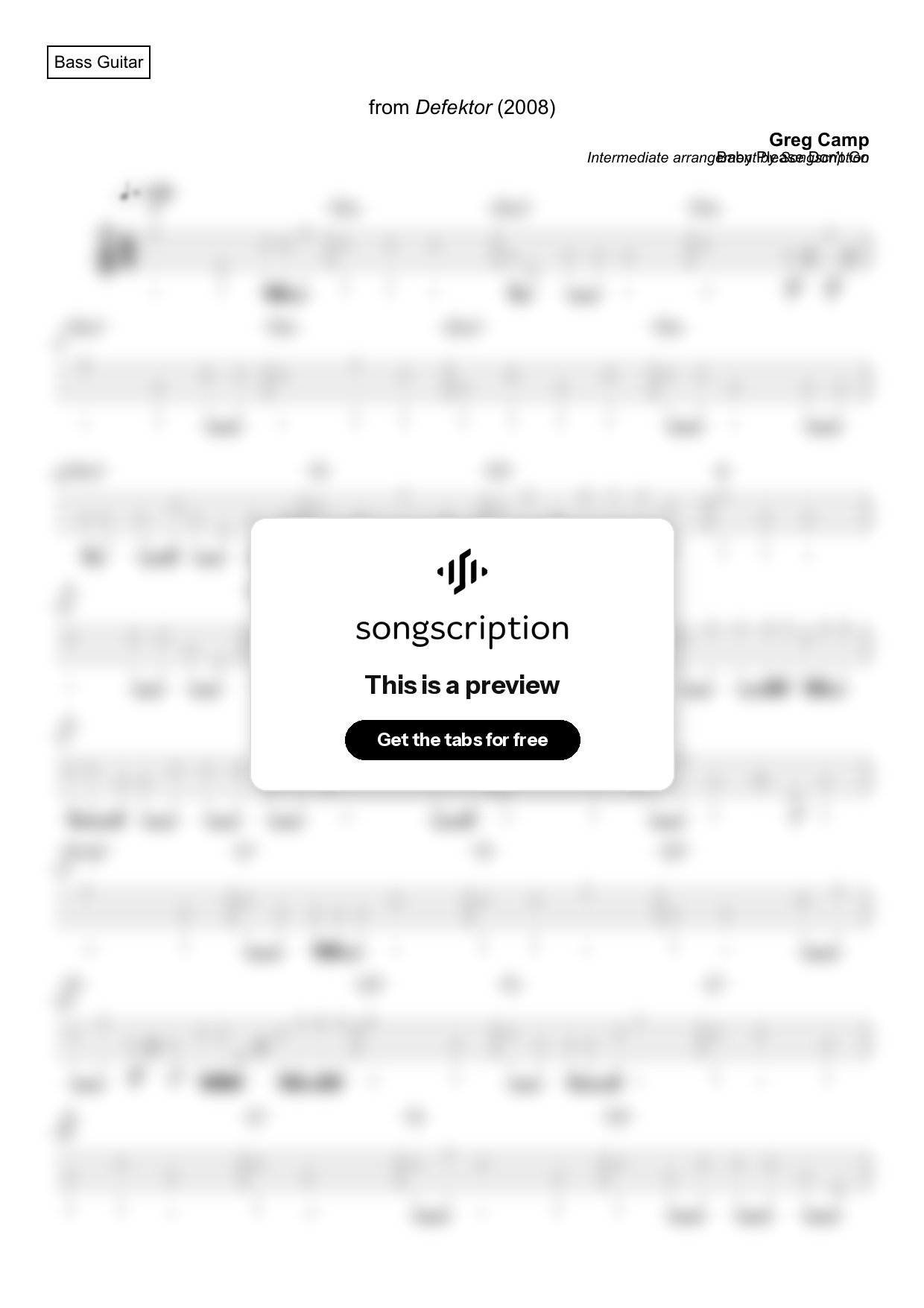 Intermediate Bass Guitar Tabs for "Baby Please Don't Go" by Greg Camp