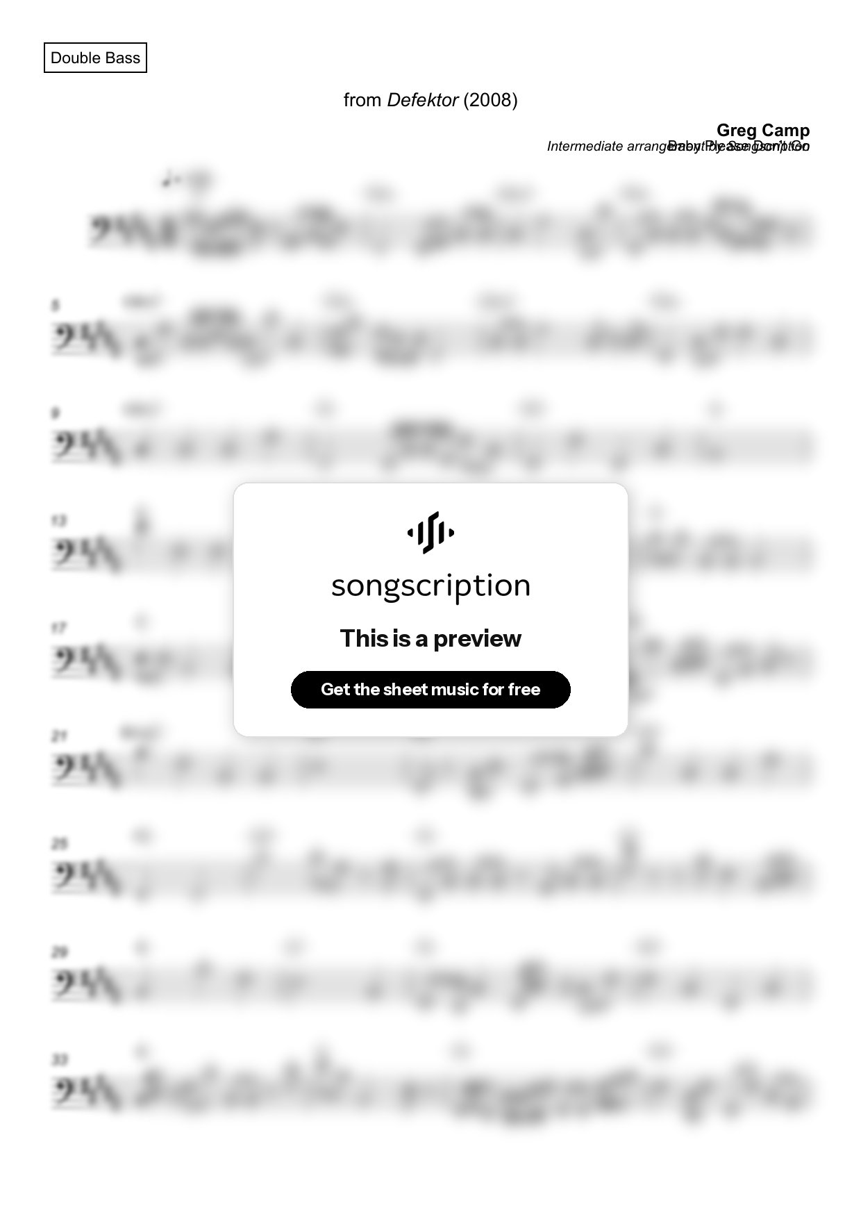 Intermediate Double Bass Sheet Music for "Baby Please Don't Go" by Greg Camp