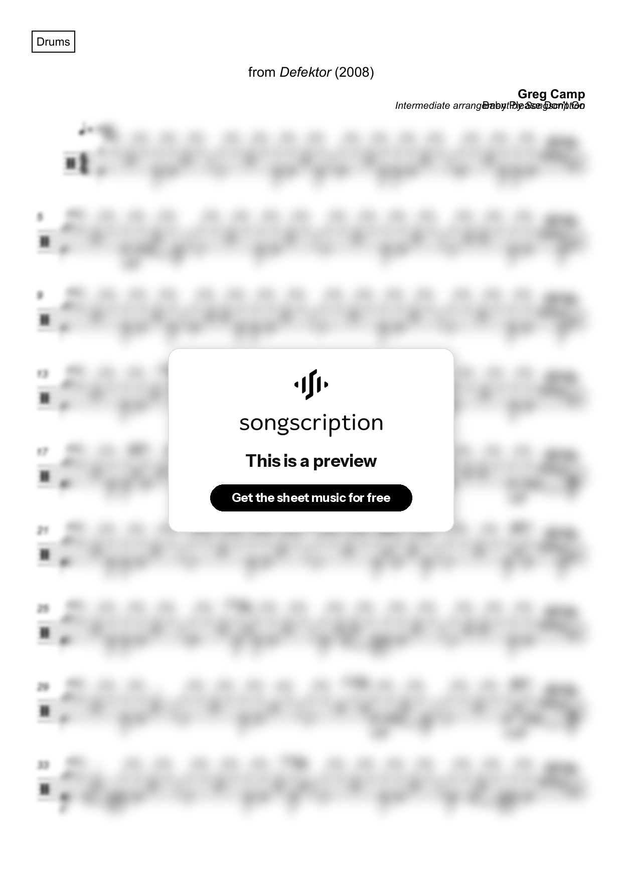 Intermediate Drums Sheet Music for "Baby Please Don't Go" by Greg Camp