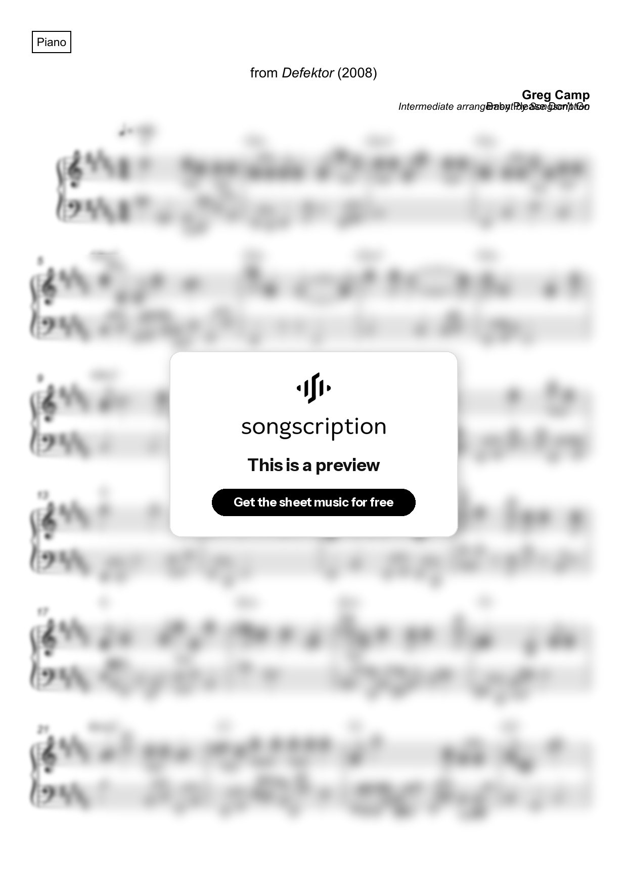 Intermediate Piano Sheet Music for "Baby Please Don't Go" by Greg Camp