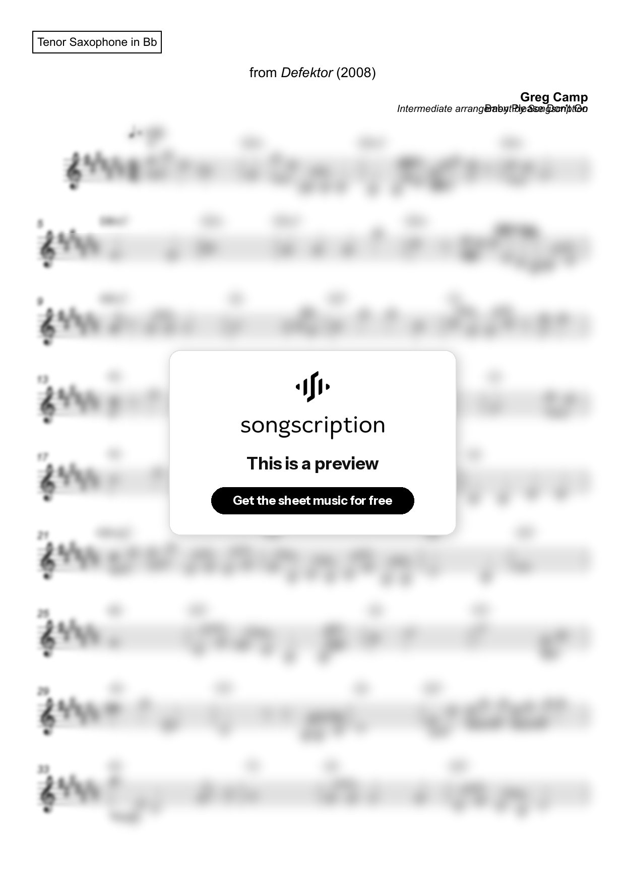 Intermediate Tenor Sax Sheet Music for "Baby Please Don't Go" by Greg Camp
