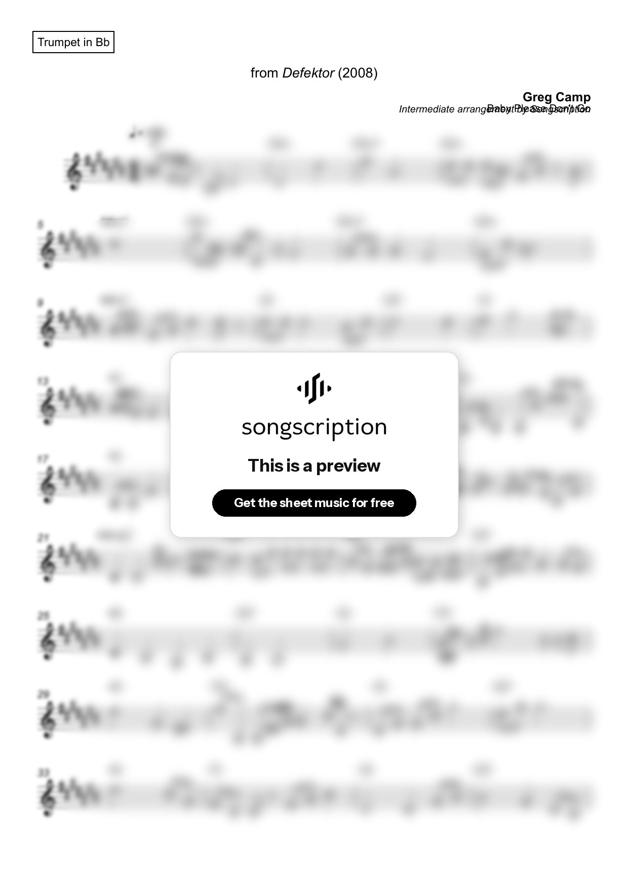 Intermediate Trumpet Sheet Music for "Baby Please Don't Go" by Greg Camp