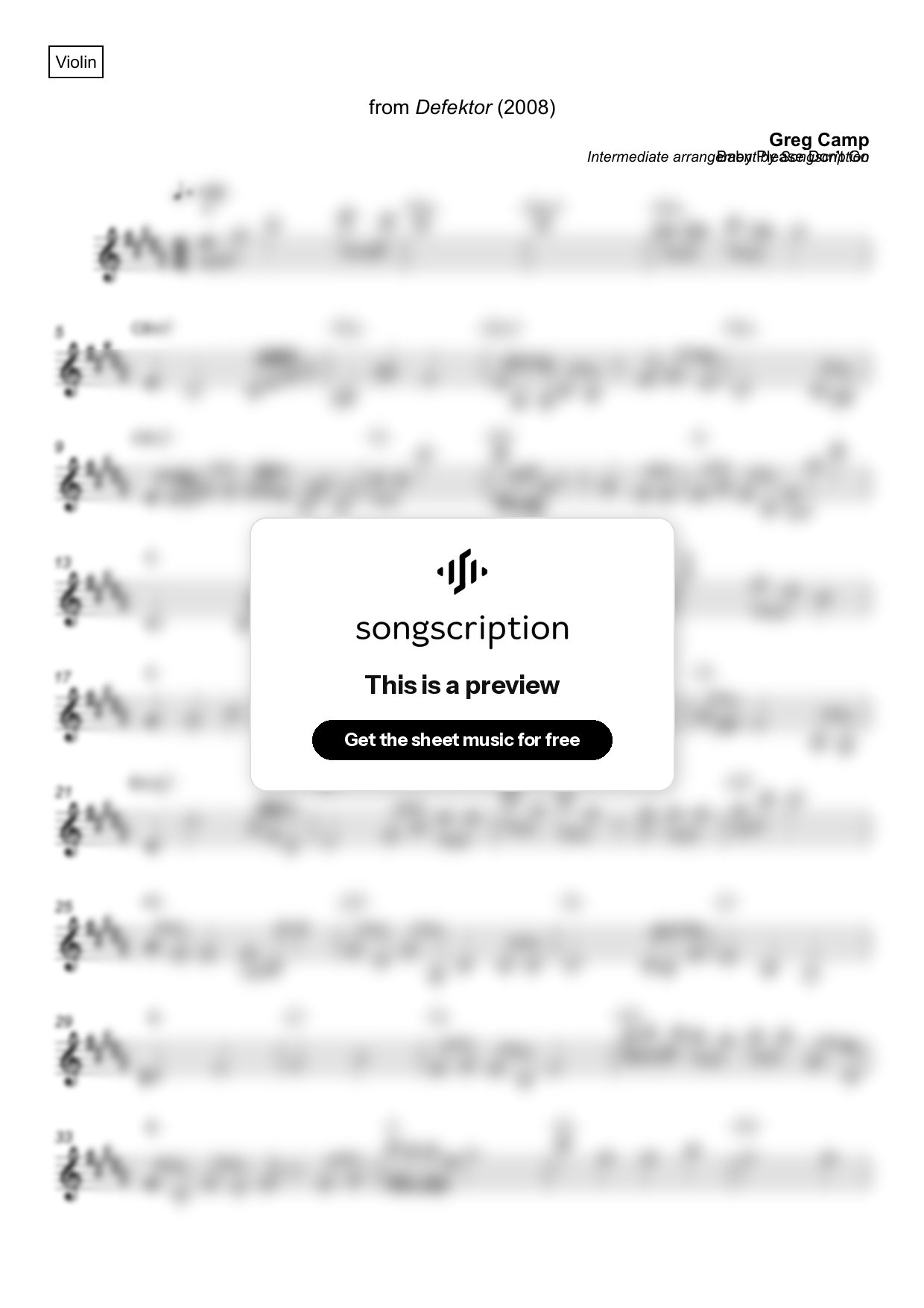 Intermediate Violin Sheet Music for "Baby Please Don't Go" by Greg Camp