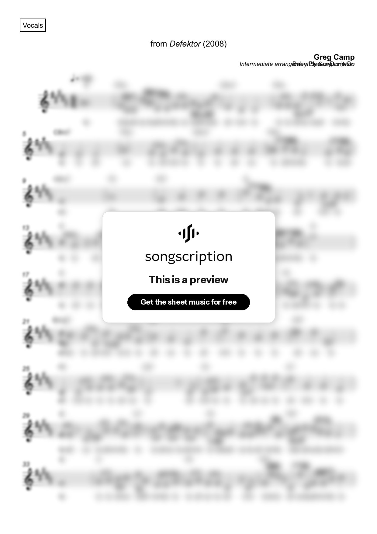 Intermediate Vocals Sheet Music for "Baby Please Don't Go" by Greg Camp