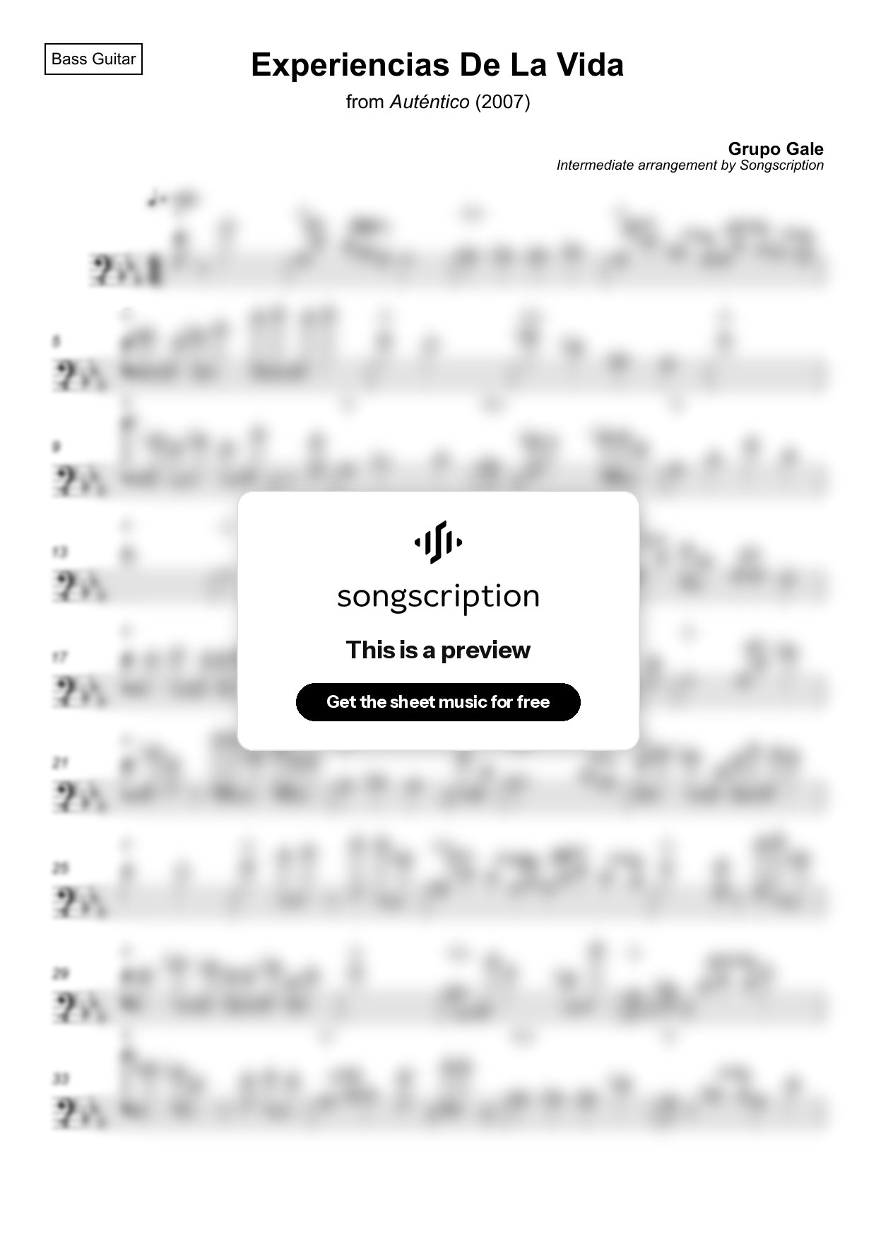 Intermediate Bass Guitar Sheet Music for "Experiencias De La Vida" by Grupo Gale