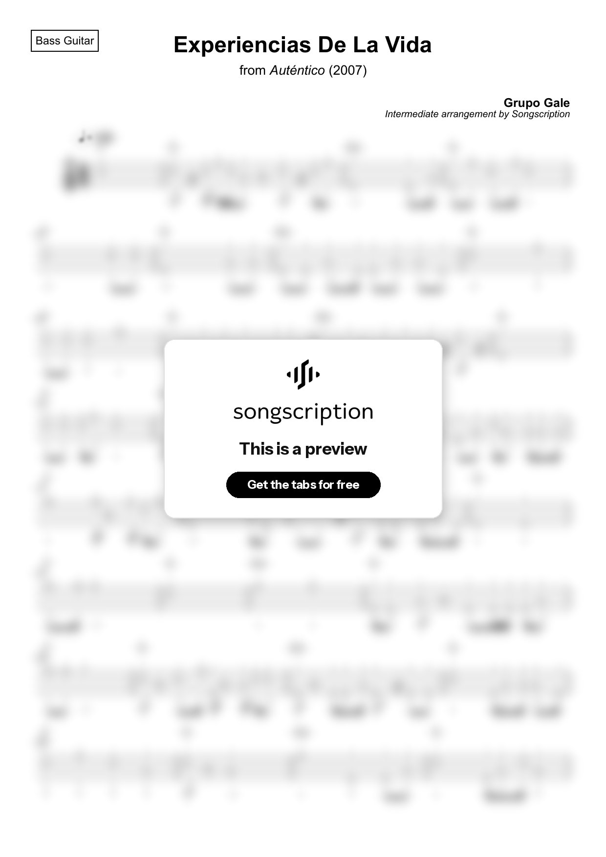 Intermediate Bass Guitar Tabs for "Experiencias De La Vida" by Grupo Gale