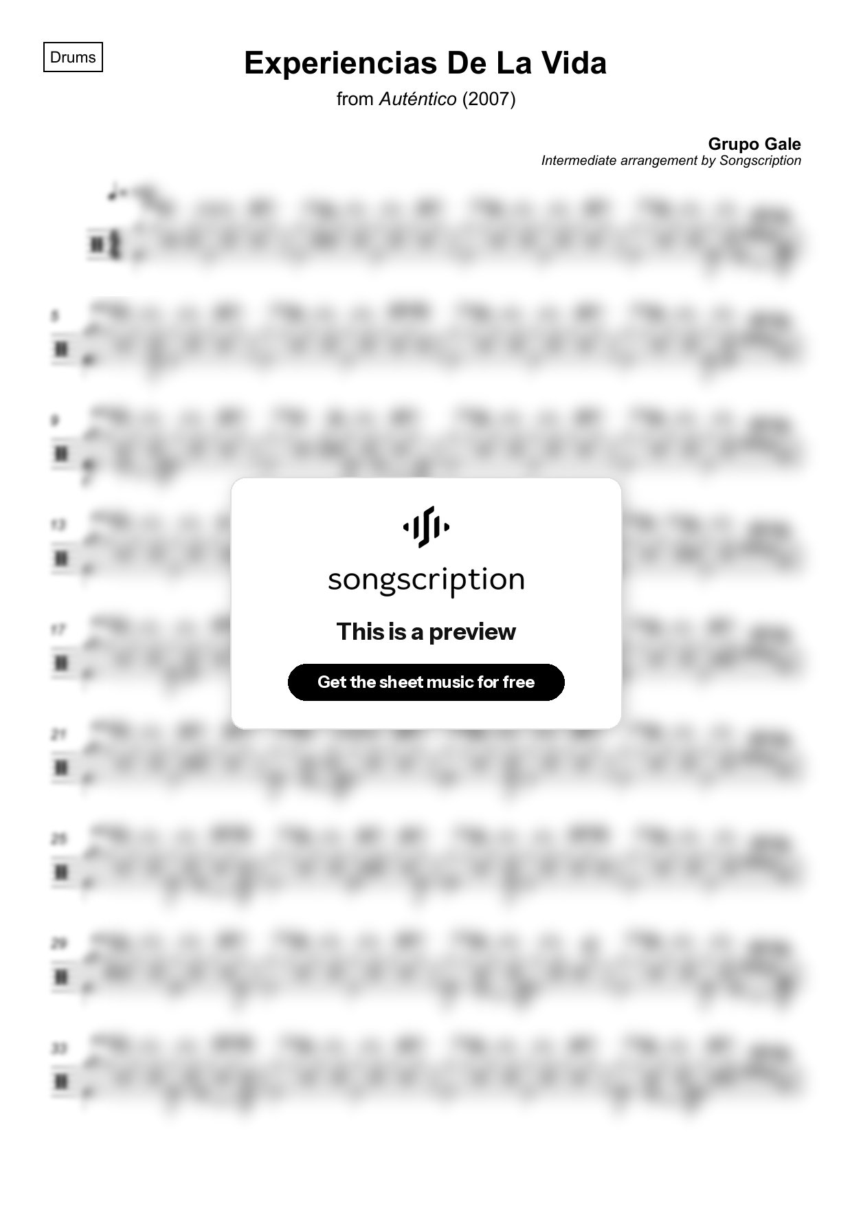 Intermediate Drums Sheet Music for "Experiencias De La Vida" by Grupo Gale