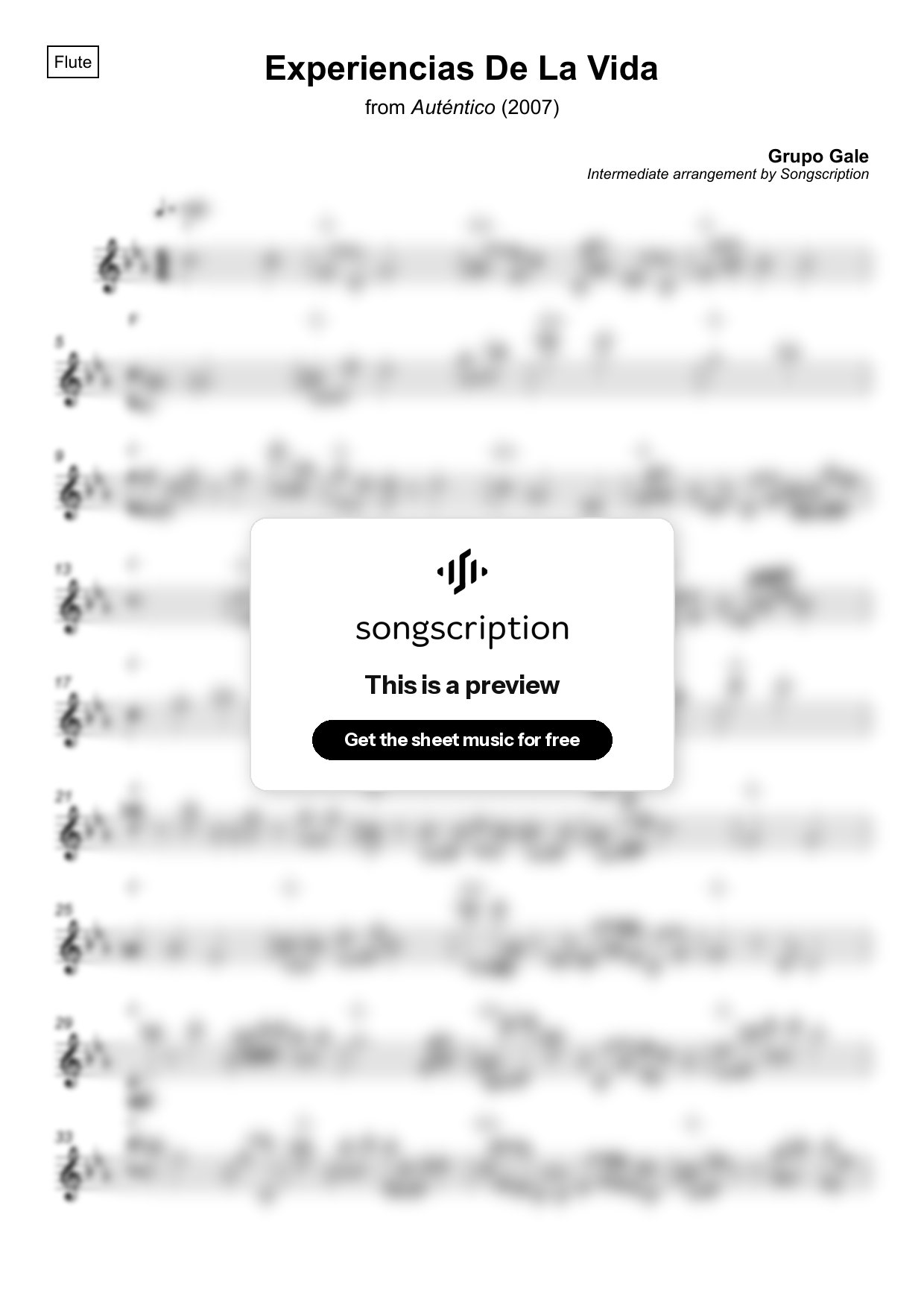 Intermediate Flute Sheet Music for "Experiencias De La Vida" by Grupo Gale
