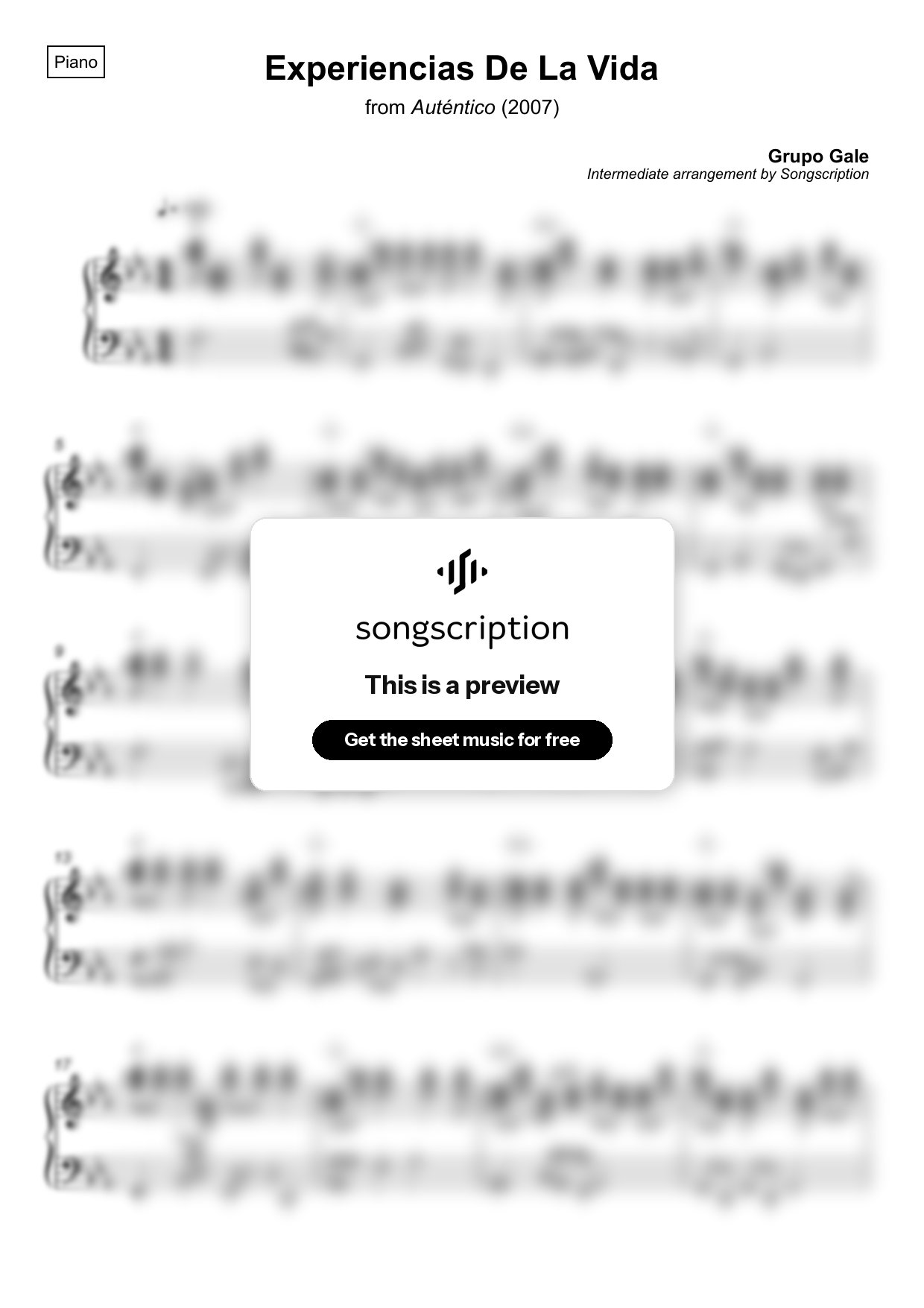 Intermediate Piano Sheet Music for "Experiencias De La Vida" by Grupo Gale